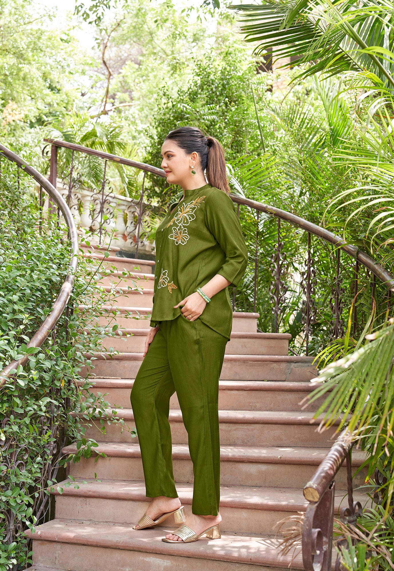 Embroidered Mandarin Collar Neck Shirt With Trousers-PRANJAL