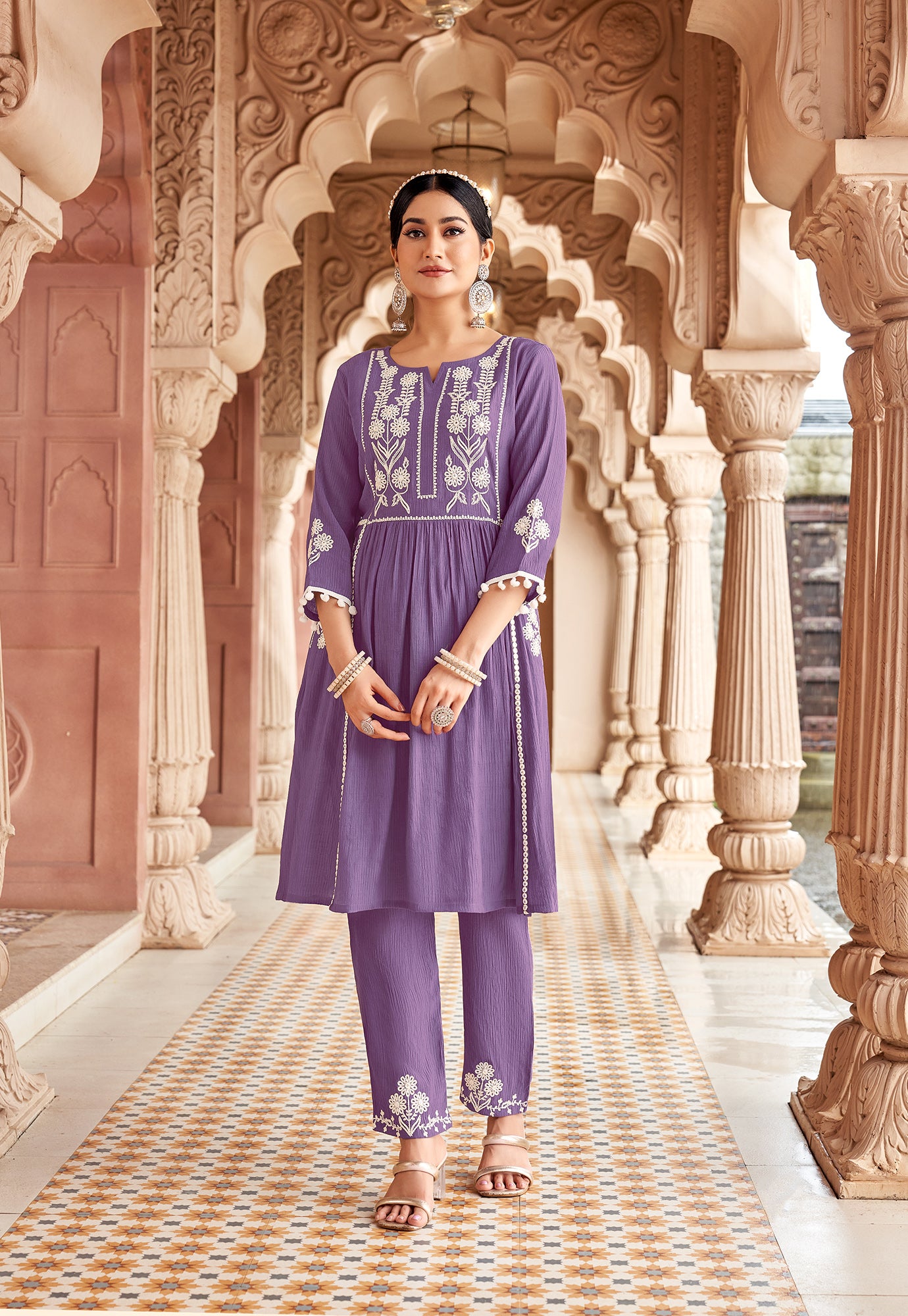 Women Floral Embroidered Pleated Thread Work Kurta with Trousers-NOVA