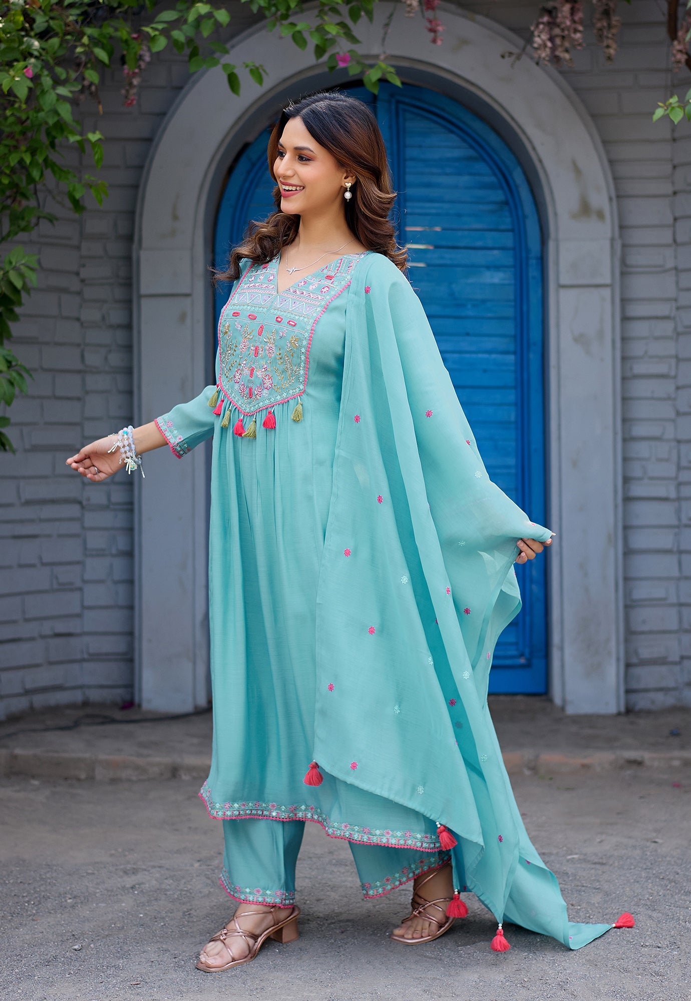 Women Ethnic Motifs Embroidered  Thread Work Chanderi  Kurta with Palazzos &  Dupatta-IV-1036