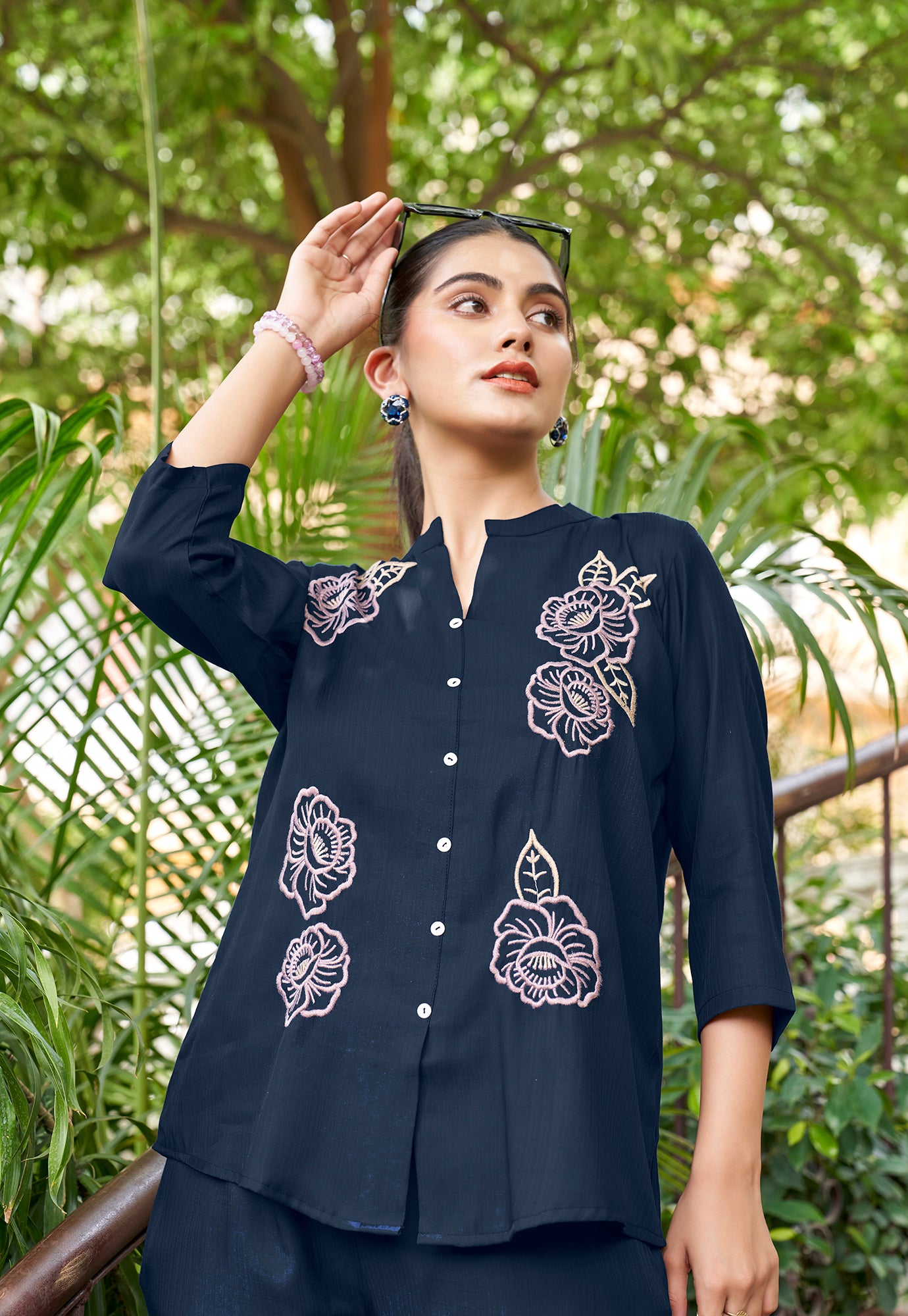 Embroidered Mandarin Collar Neck Shirt With Trousers-PRANJAL