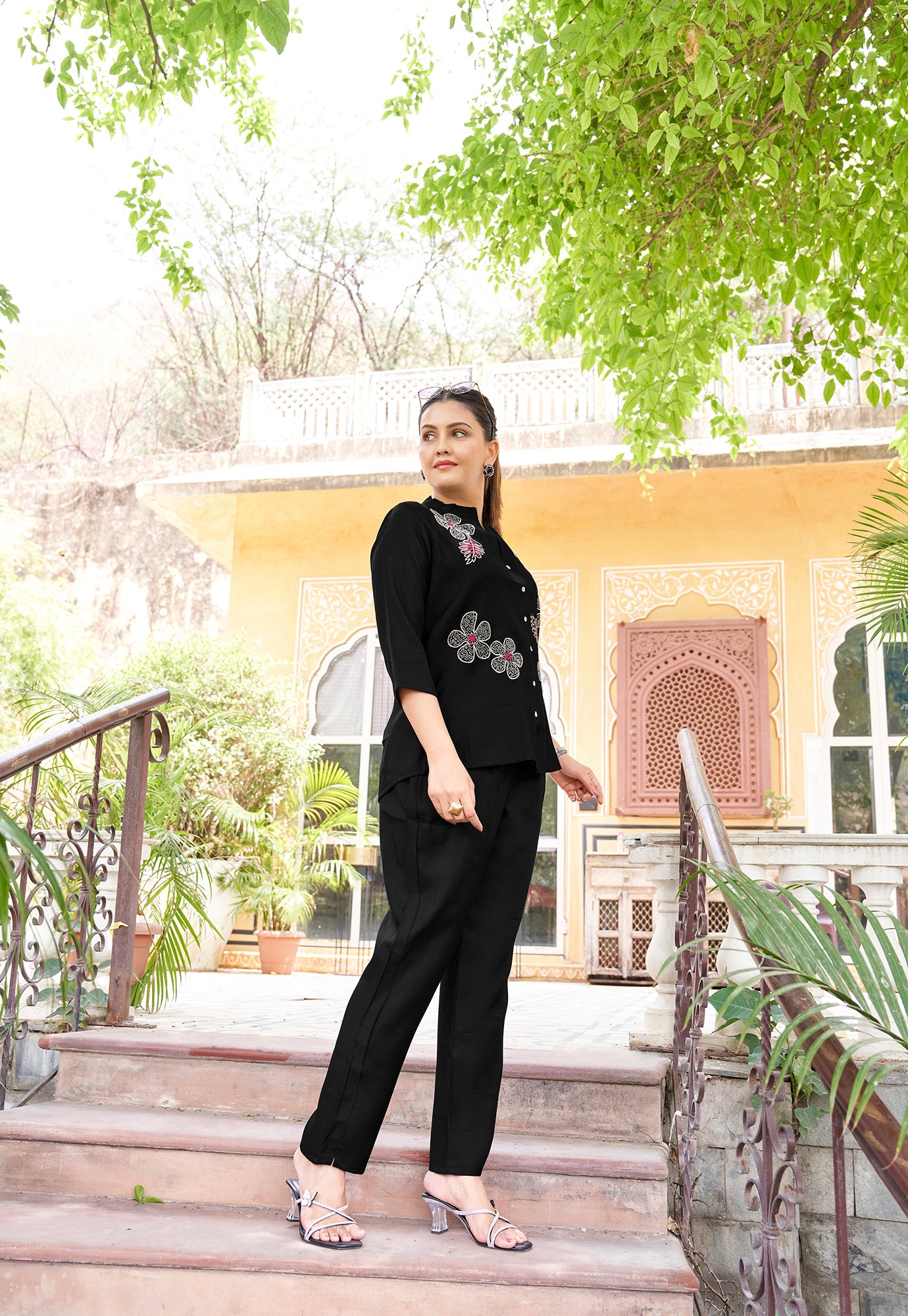Embroidered Mandarin Collar Neck Shirt With Trousers-PRANJAL