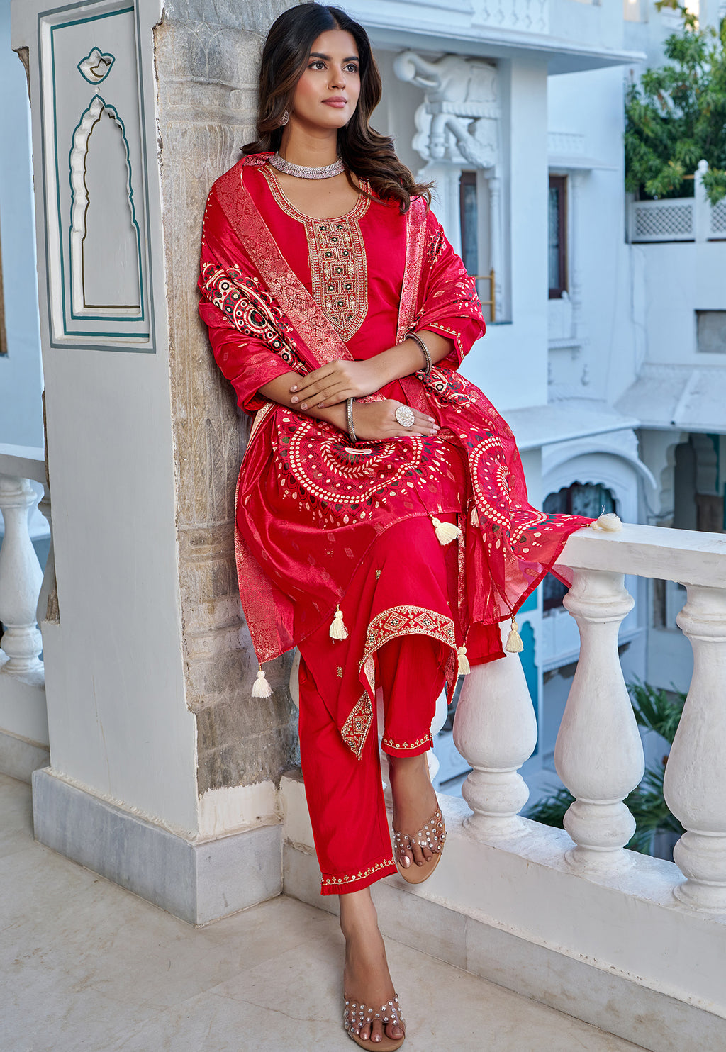 Women Printed Angrakha Pure Cotton Kurta with Trousers & With Dupatta-KS-213