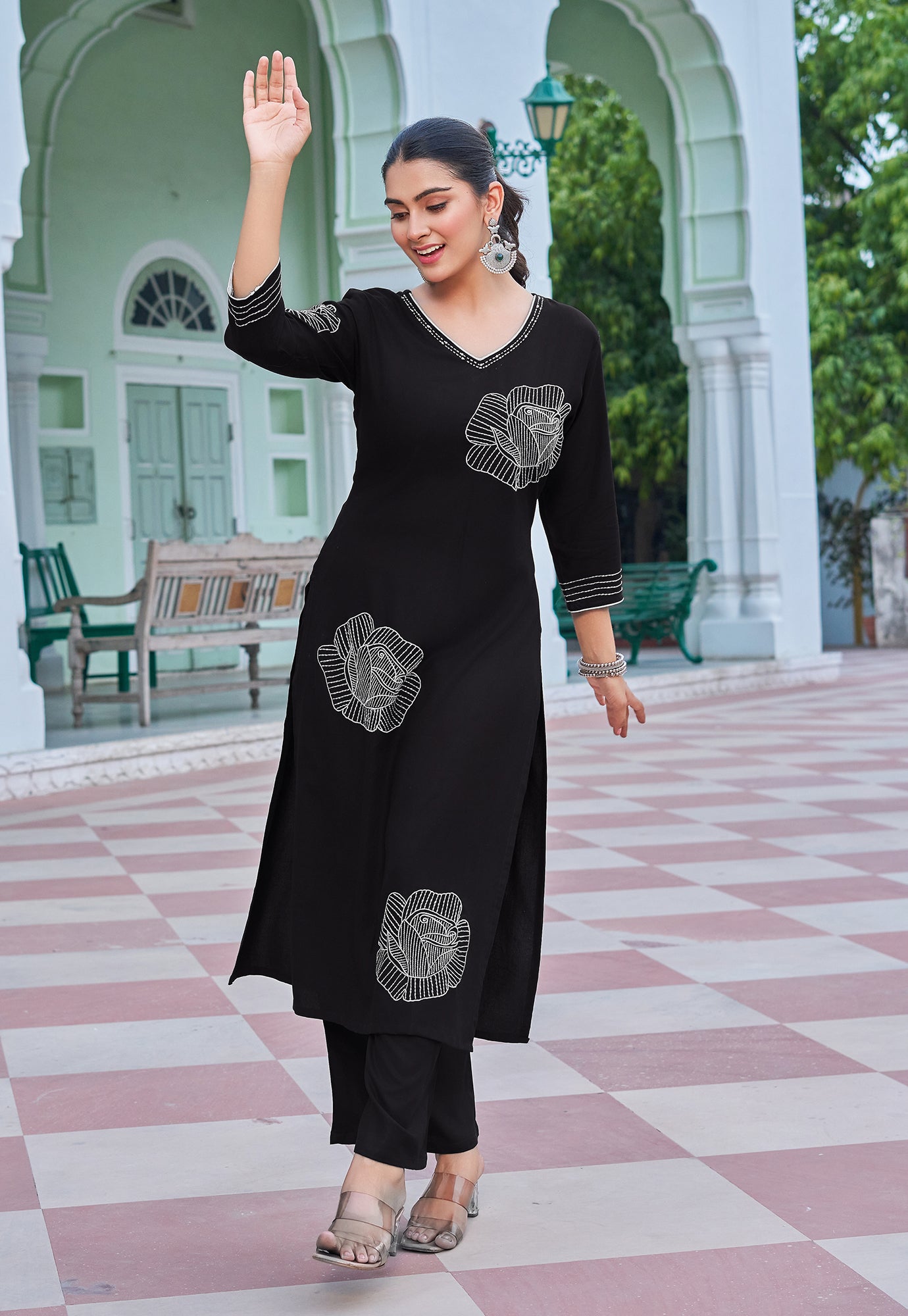 Women Floral Embroidered Kurta with Palazzos-RAMYAA