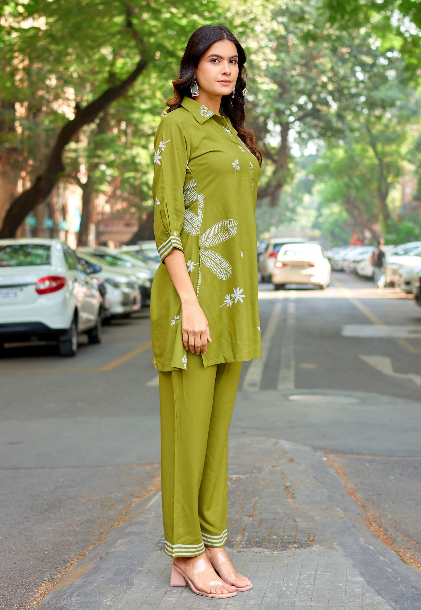 Printed Shirt Collar Tunic & Trousers Co-Ords-RASIKA