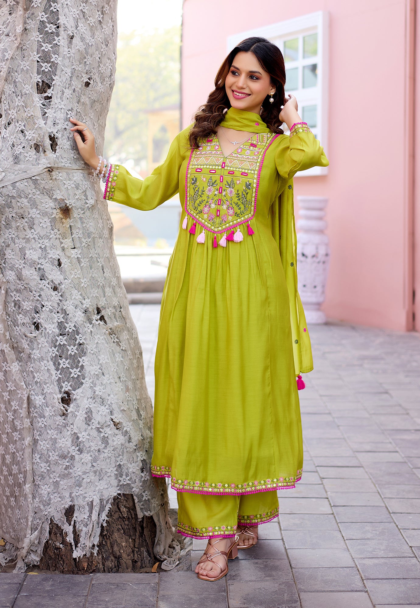 Women Ethnic Motifs Embroidered  Thread Work Chanderi  Kurta with Palazzos &  Dupatta-IV-1037