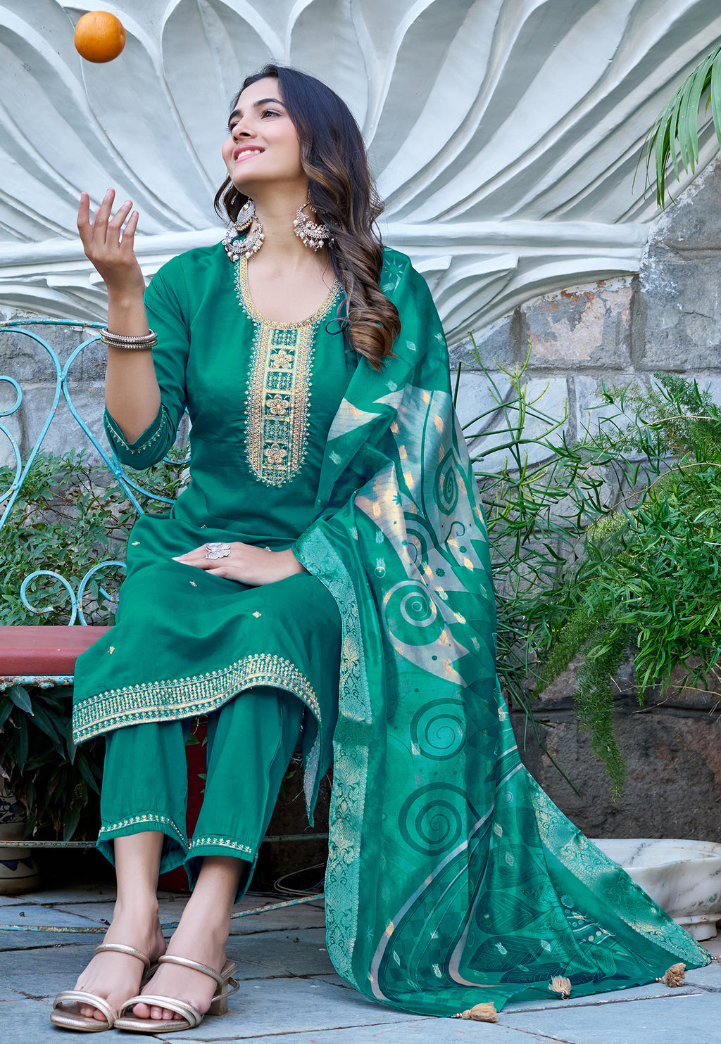 Women Printed Angrakha Pure Cotton Kurta with Trousers & With Dupatta-215