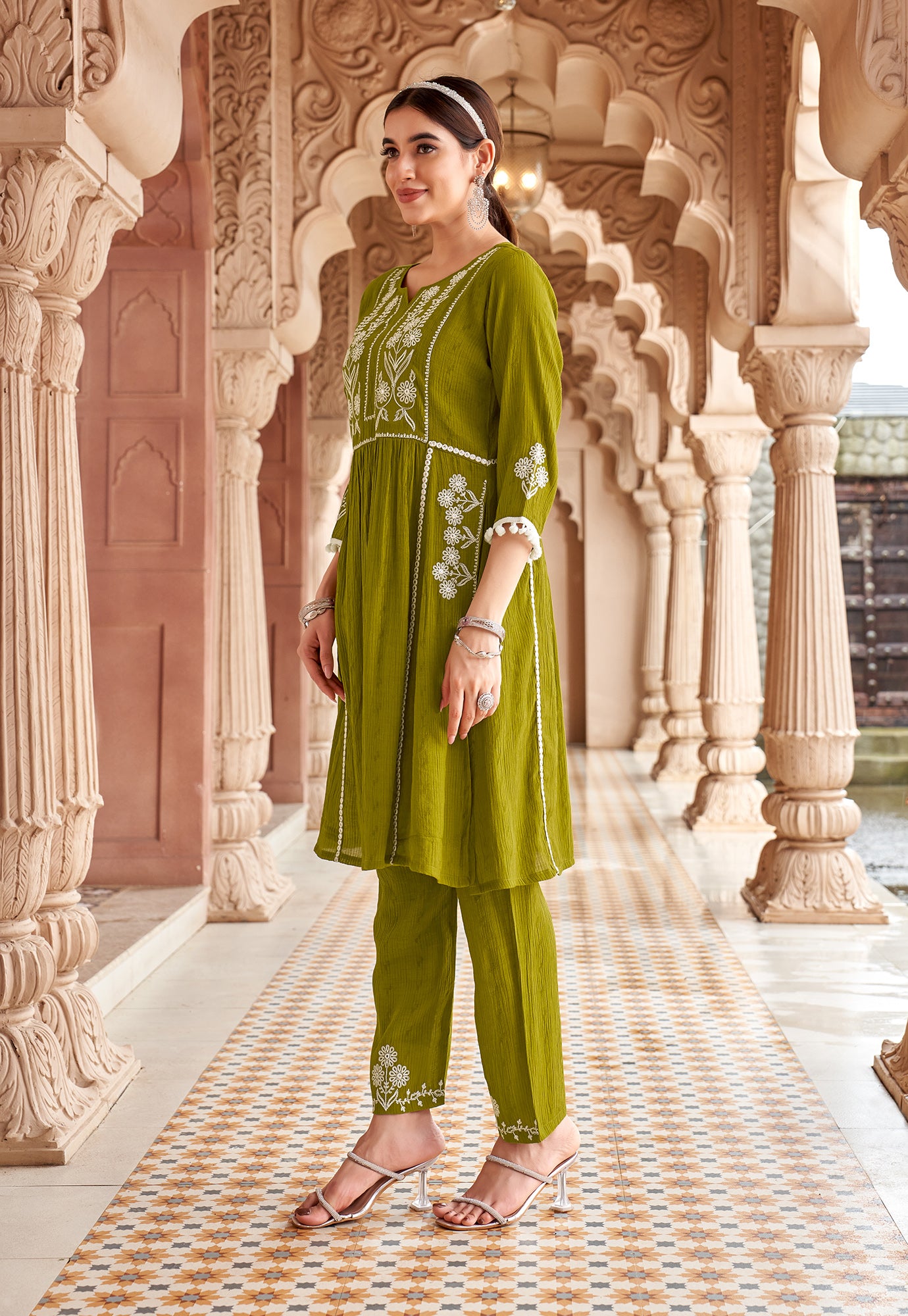 Women Floral Embroidered Pleated Thread Work Kurta with Trousers-NOVA