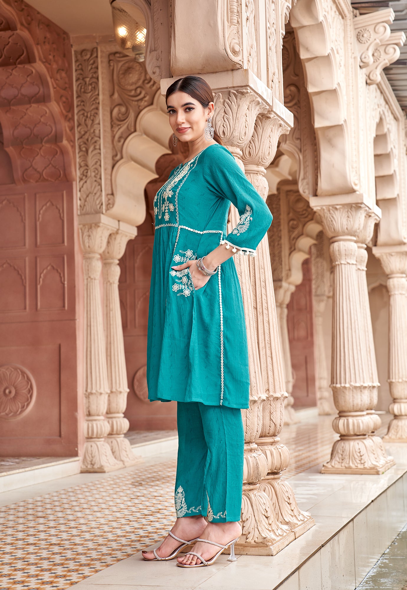 Women Floral Embroidered Pleated Thread Work Kurta with Trousers-NOVA