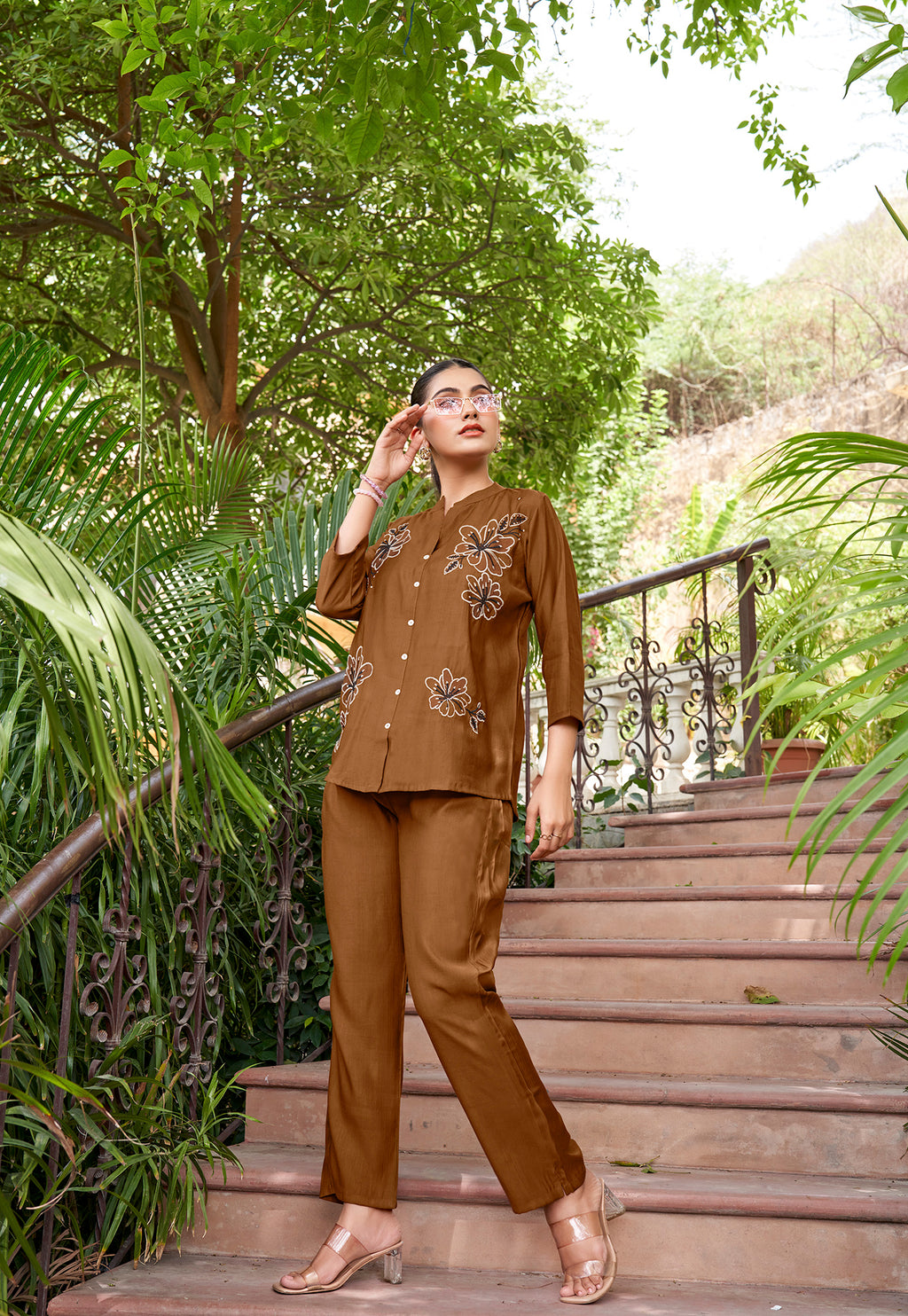 Embroidered Mandarin Collar Neck Shirt With Trousers-PRANJAL