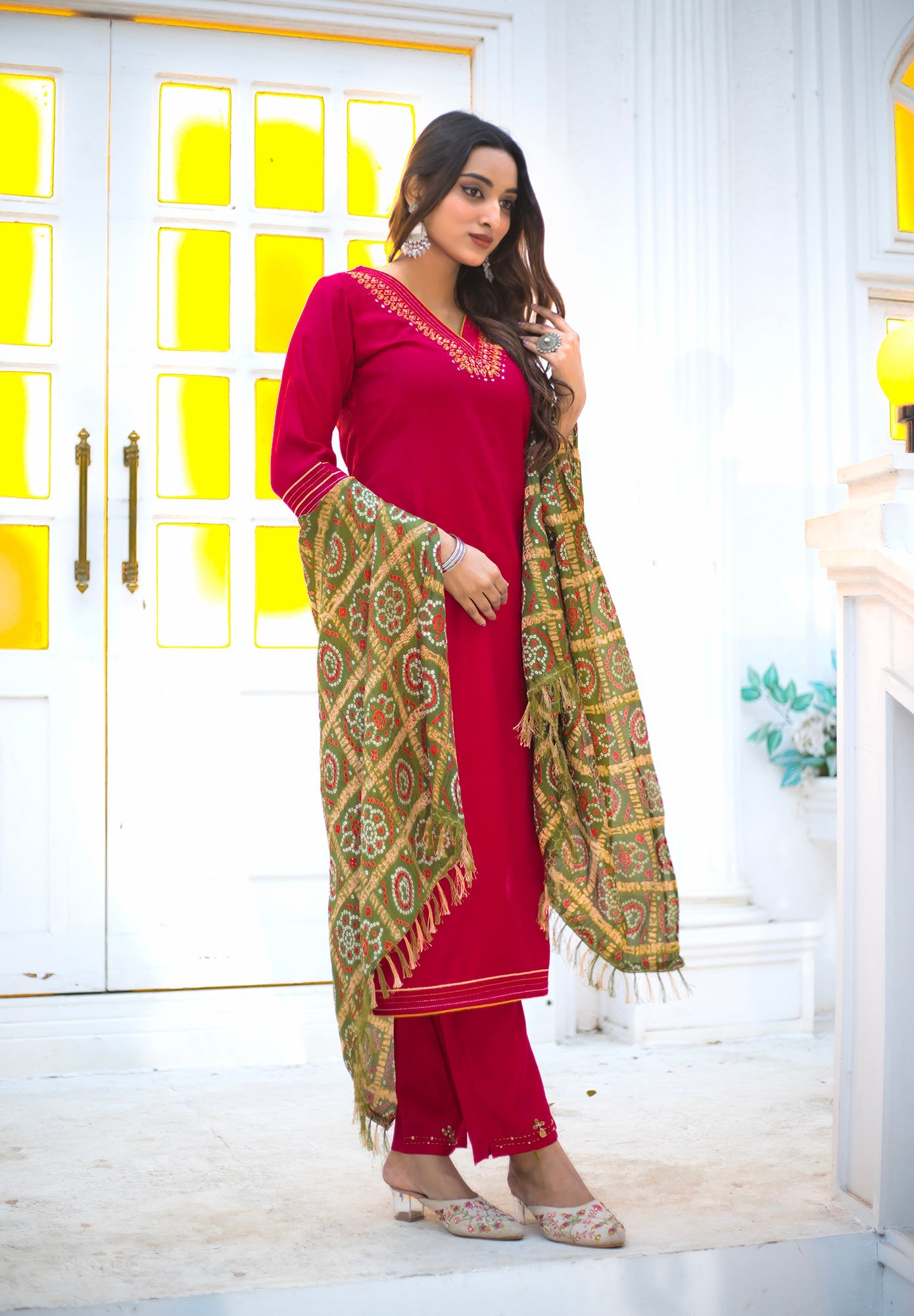 Women Viscos Weaving Straight Kurta With Pant And Dupatta Suit Set-NIKITA
