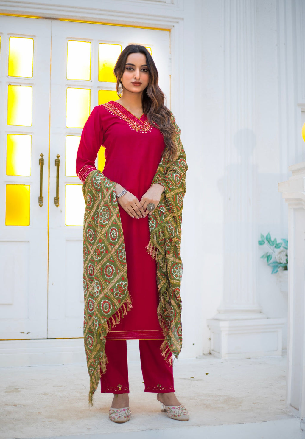 Women Viscos Weaving Straight Kurta With Pant And Dupatta Suit Set-NIKITA