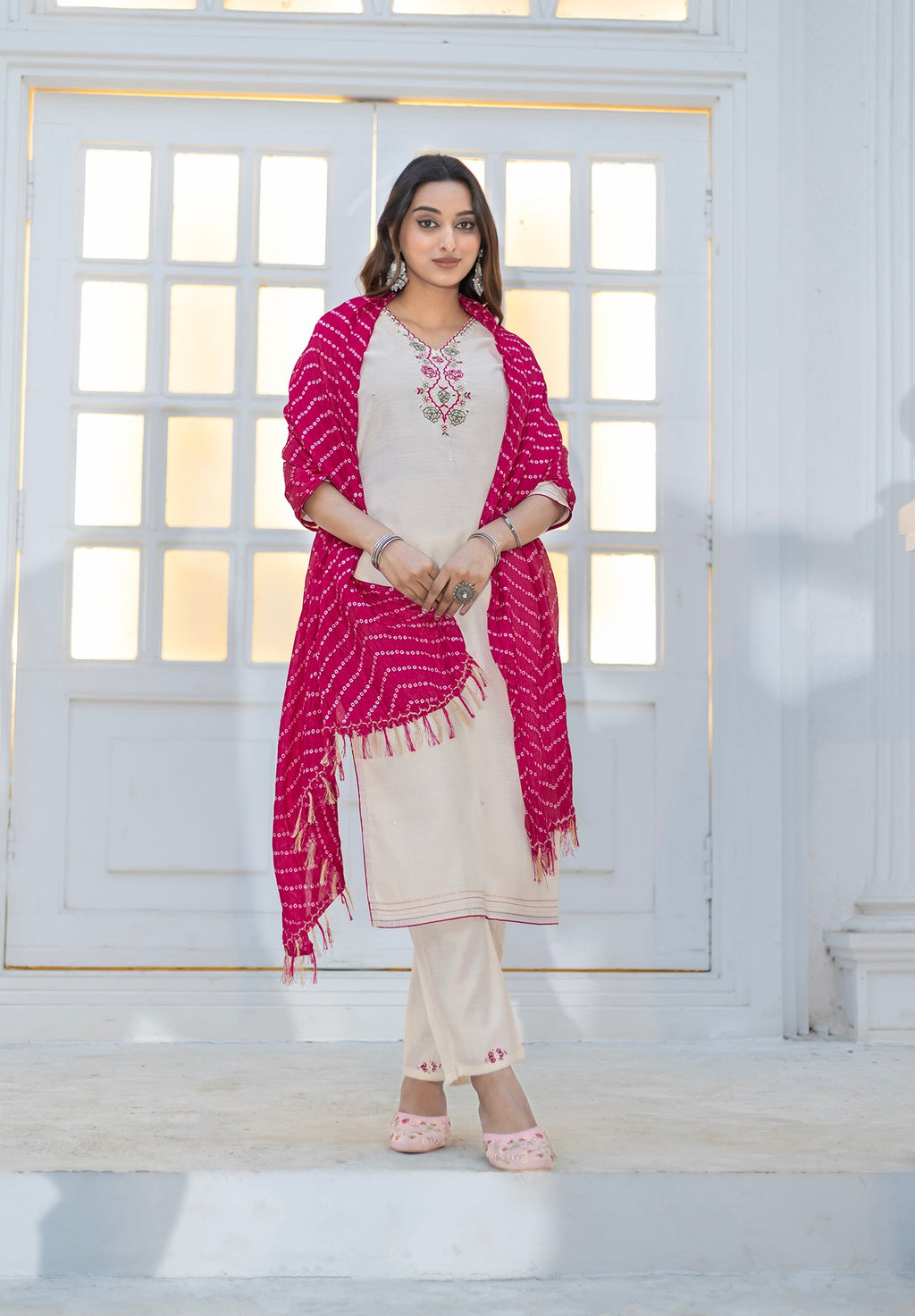 Women Viscos Weaving Straight Kurta With Pant And Dupatta Suit Set -NIKITA