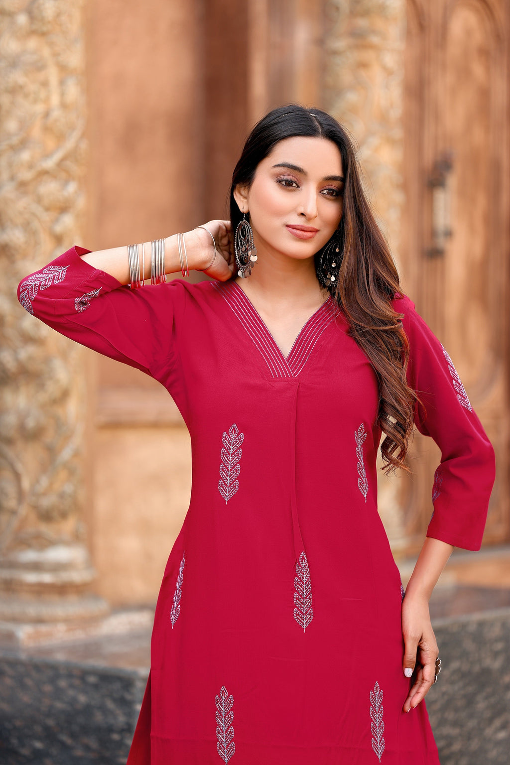 Floral Thread Work Straight Kurta with Palazzos-ALBELLA