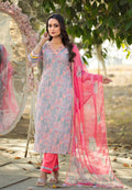 Women Shifli Cotton  Straight Kurta With Pant And Dupatta Suit Set -8169