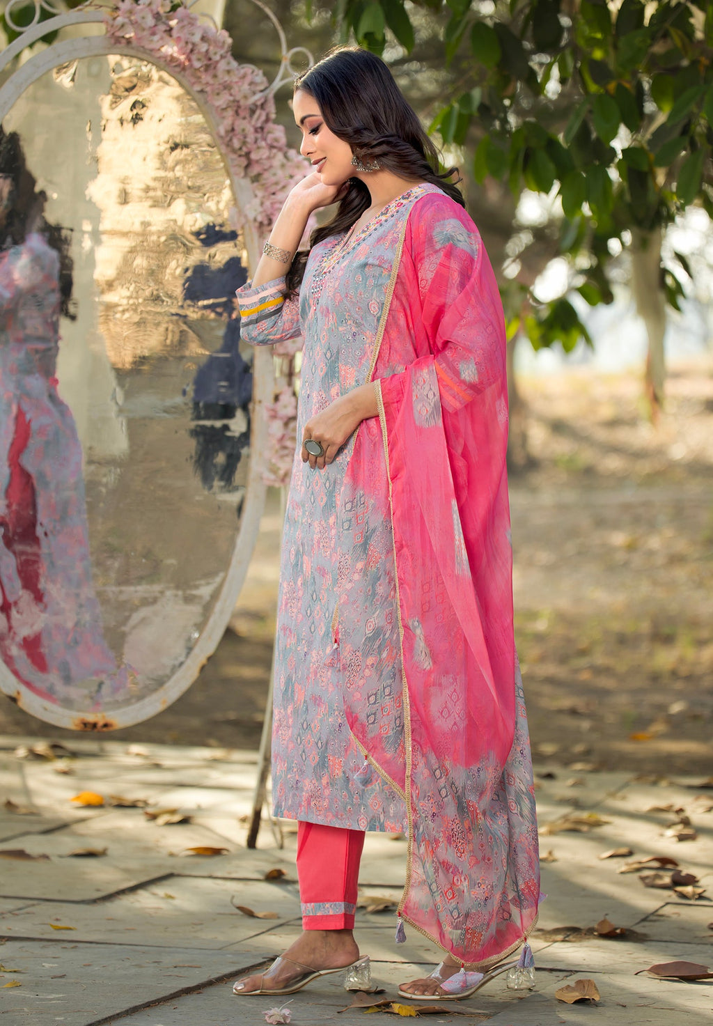 Women Shifli Cotton  Straight Kurta With Pant And Dupatta Suit Set -8169