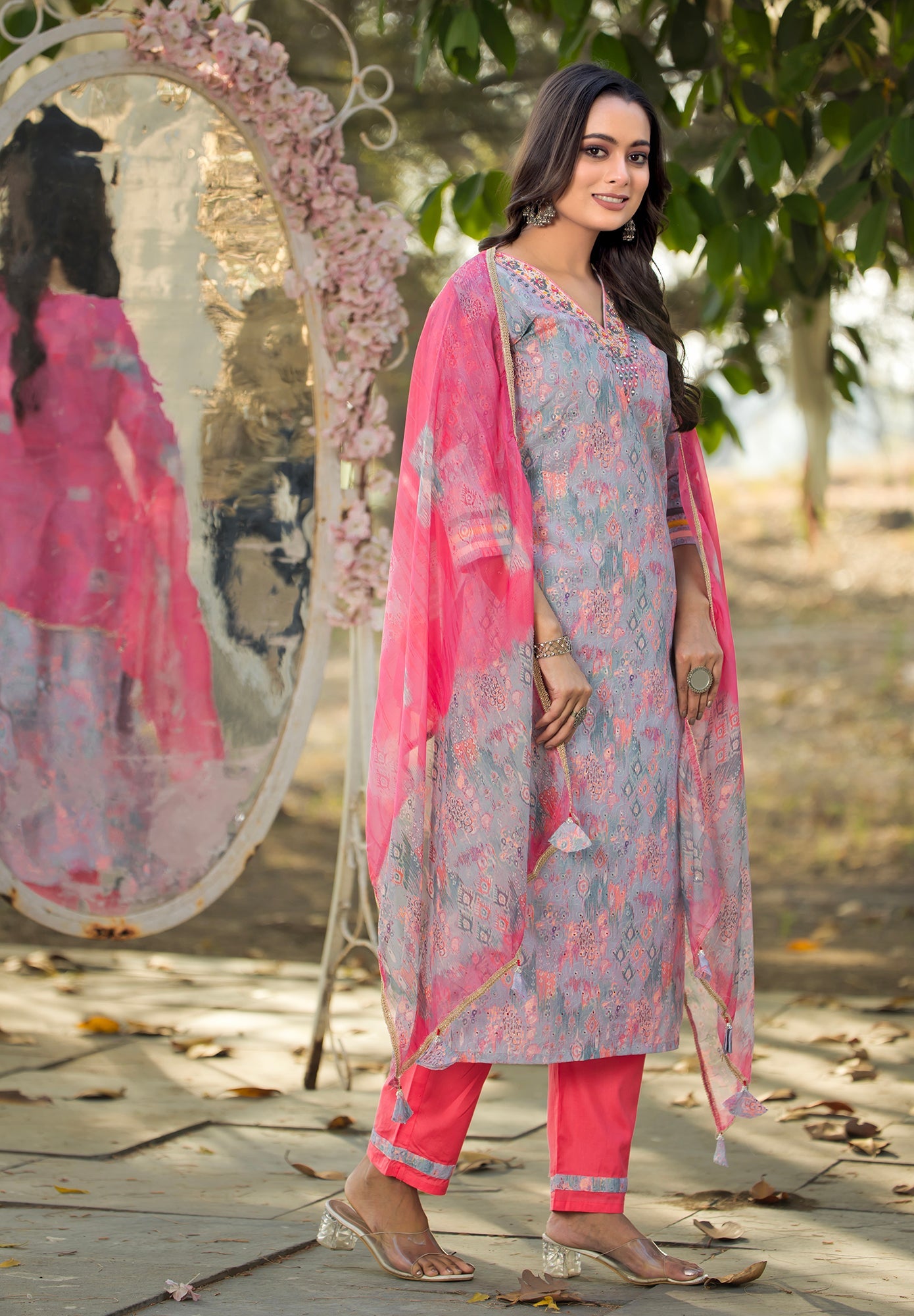 Women Shifli Cotton  Straight Kurta With Pant And Dupatta Suit Set -8169