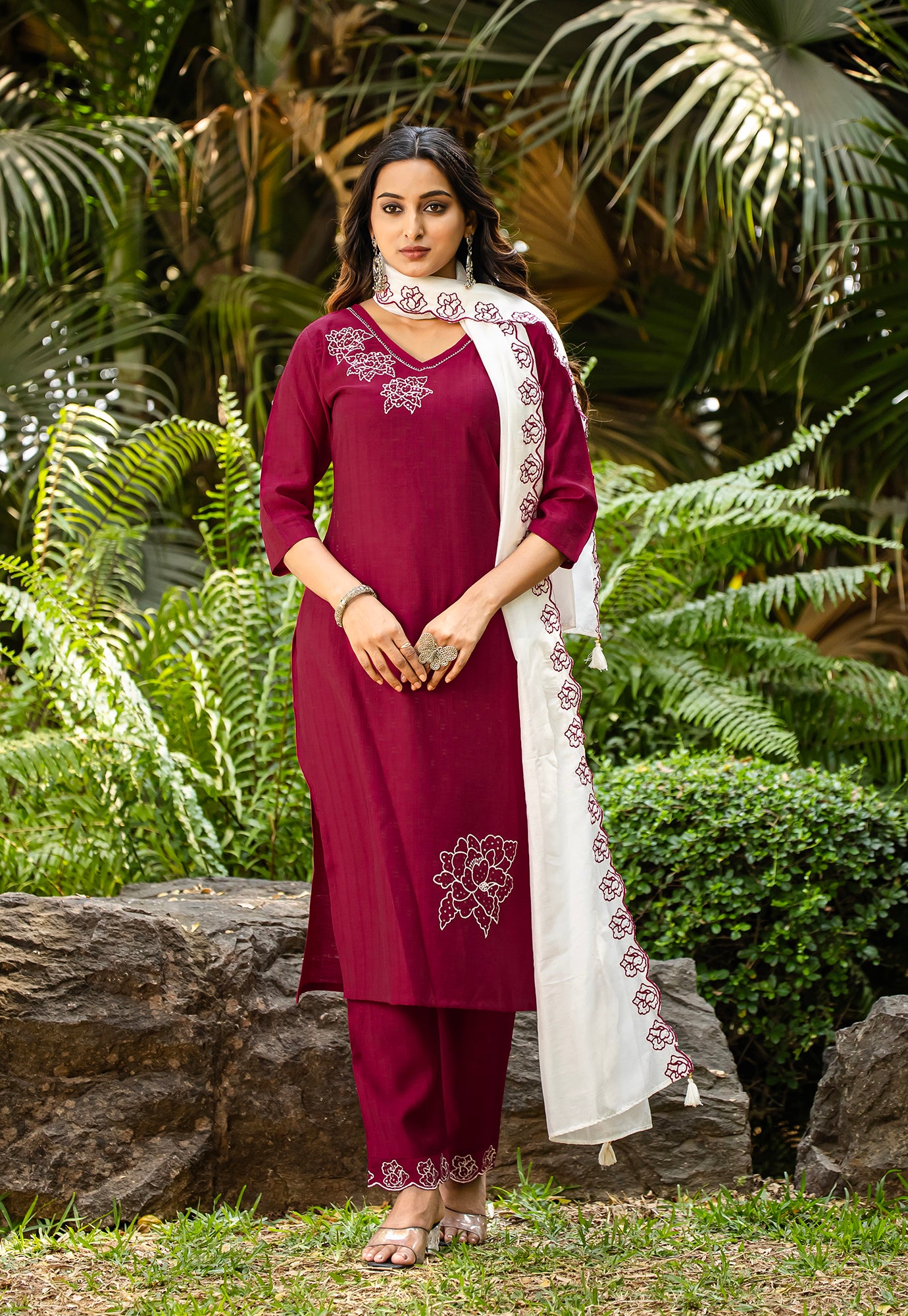 Women Floral Embroidered Kurta with Trousers & Dupatta-ELITE