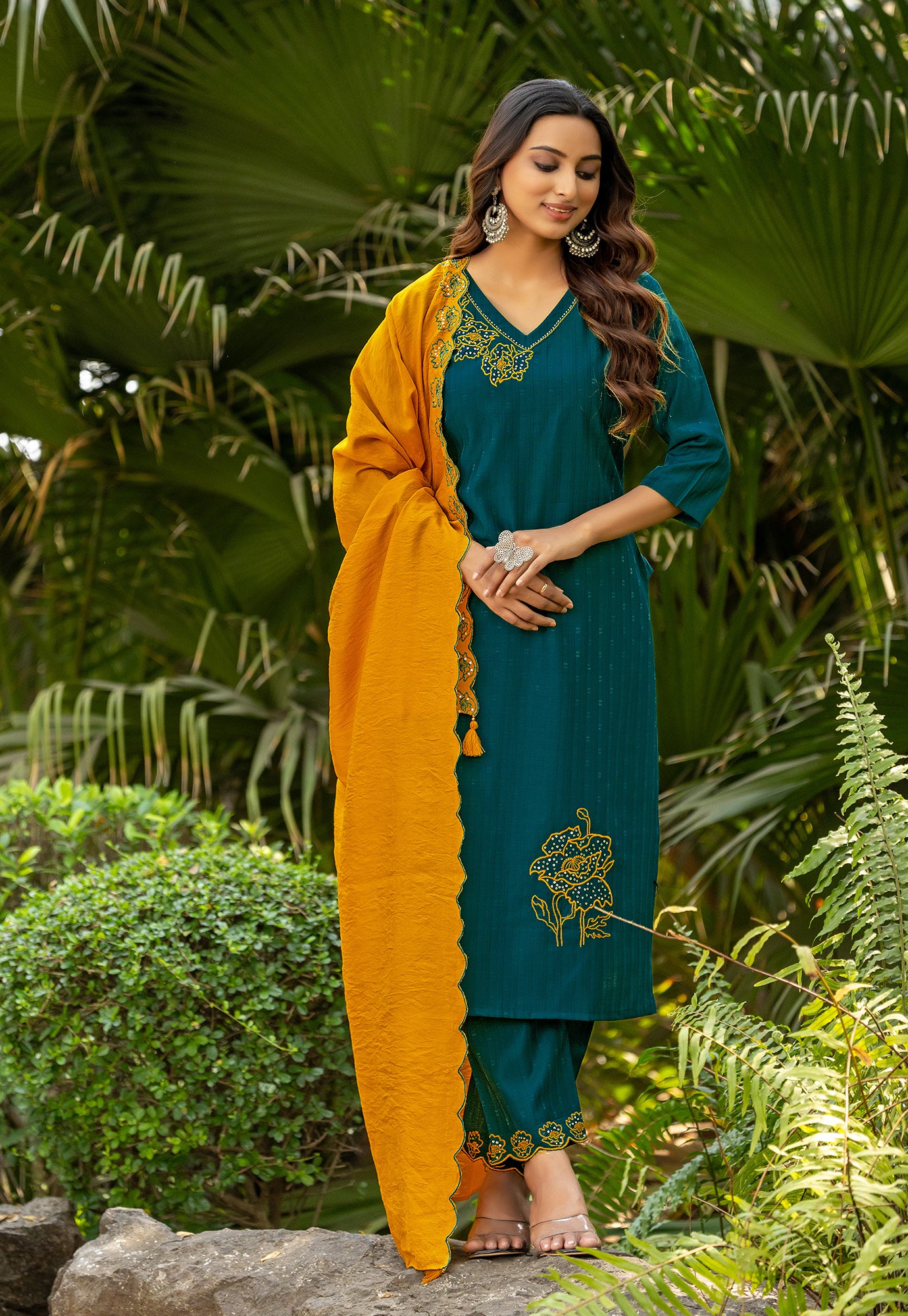 Women Floral Embroidered Kurta with Trousers & Dupatta-ELITE