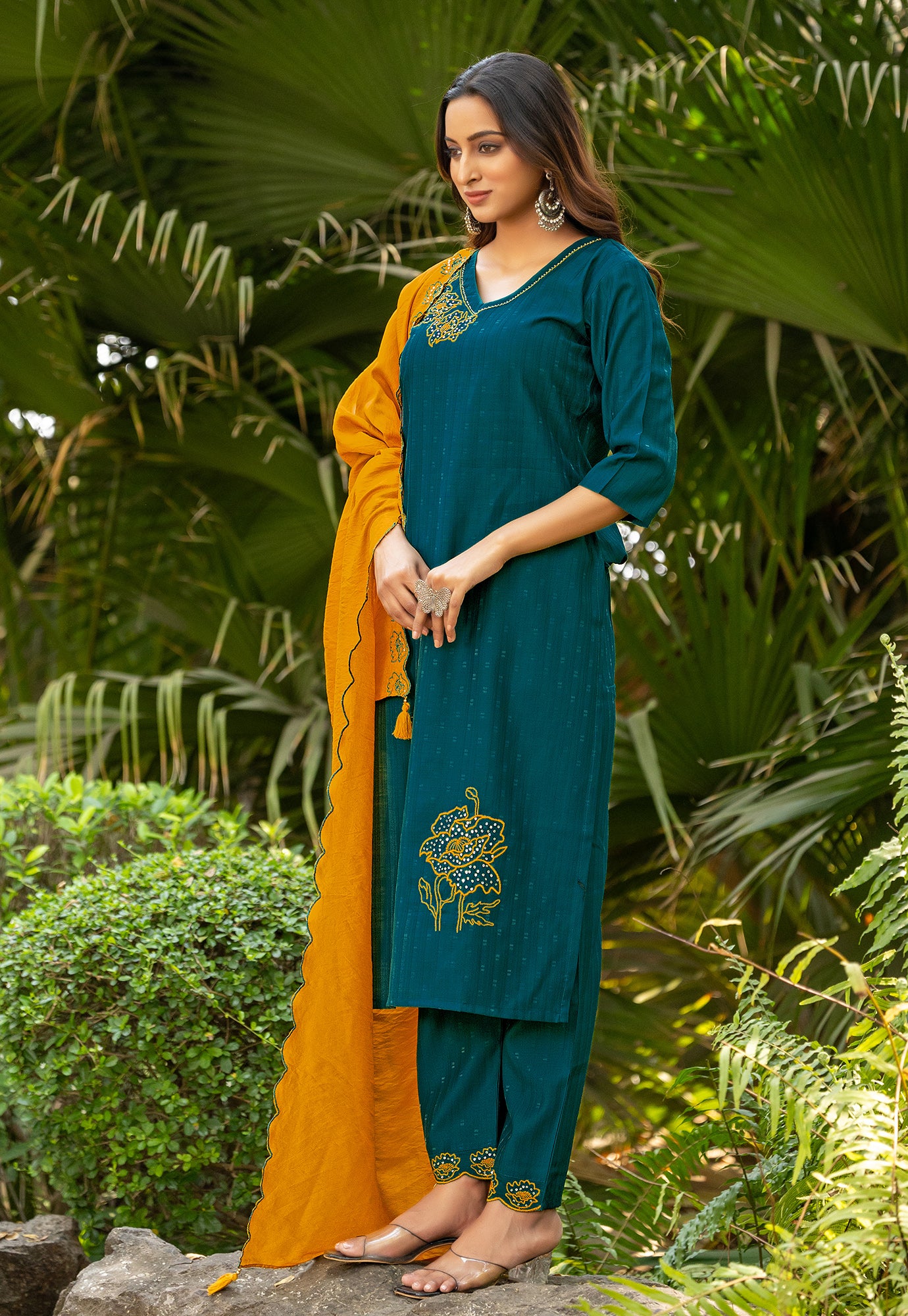 Women Floral Embroidered Kurta with Trousers & Dupatta-ELITE