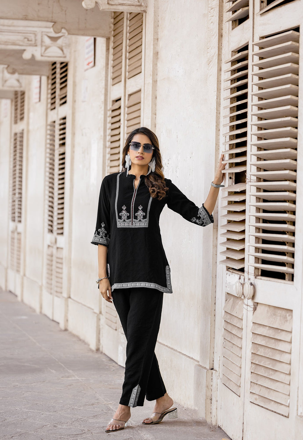 Printed Shirt Collar Top With Trousers Co-Ords-KORRA