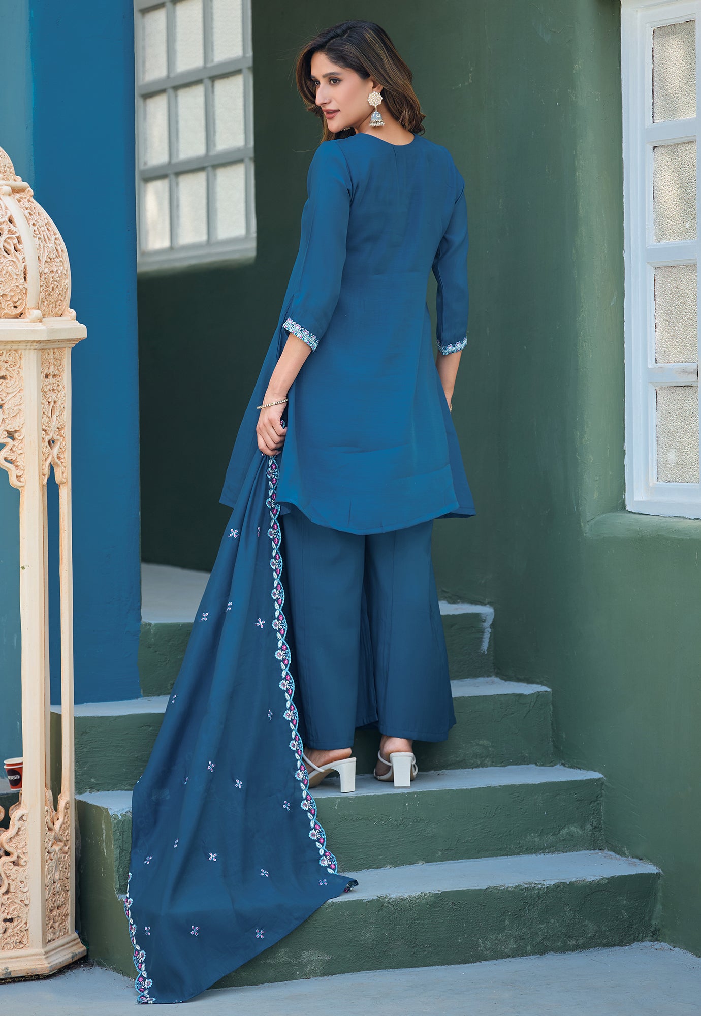 Women Ethnic Motifs Embroidered Tiered Thread Work Chanderi Silk Kurta with Palazzos & With Dupatta-KS-192