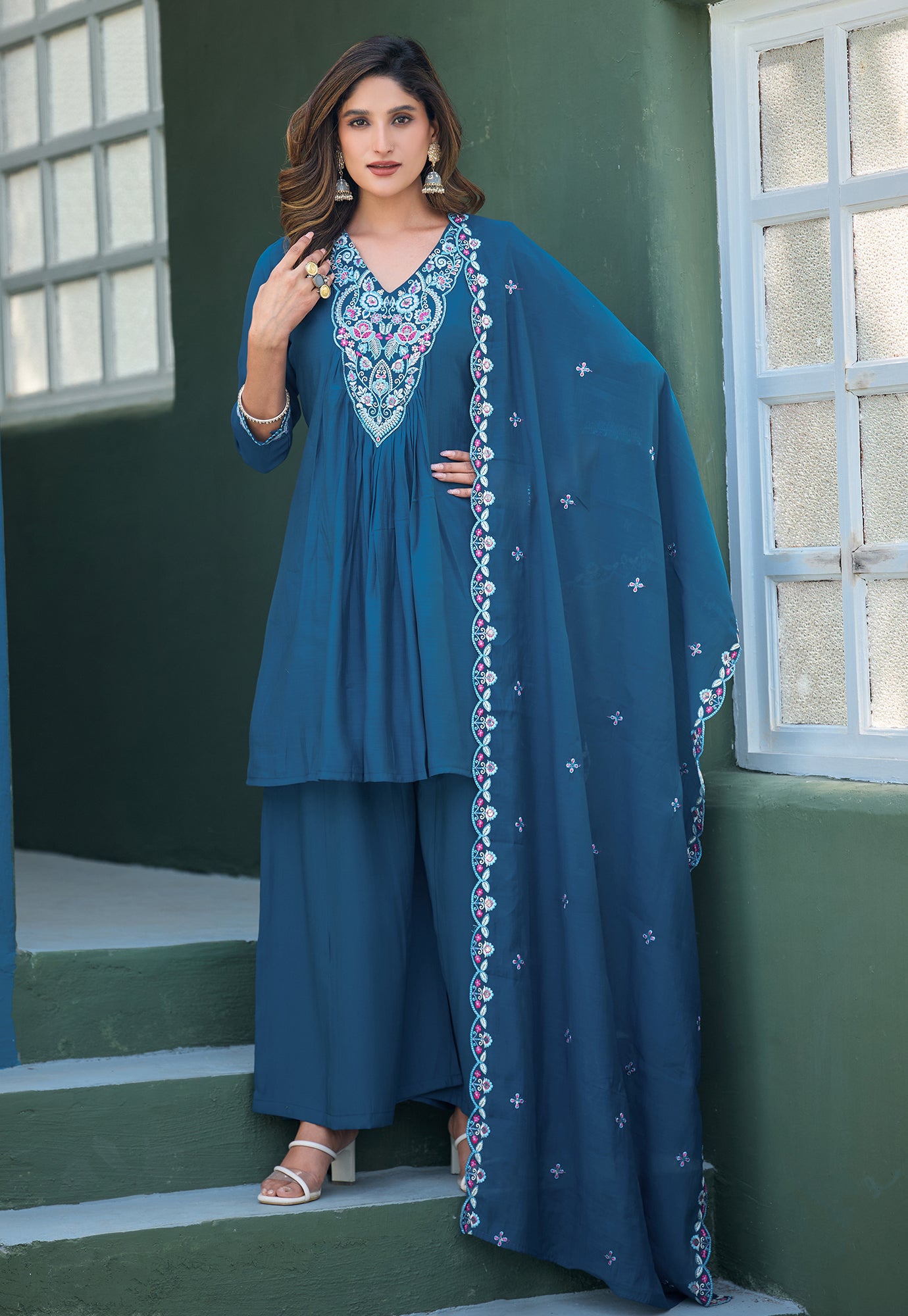 Women Ethnic Motifs Embroidered Tiered Thread Work Chanderi Silk Kurta with Palazzos & With Dupatta-KS-192