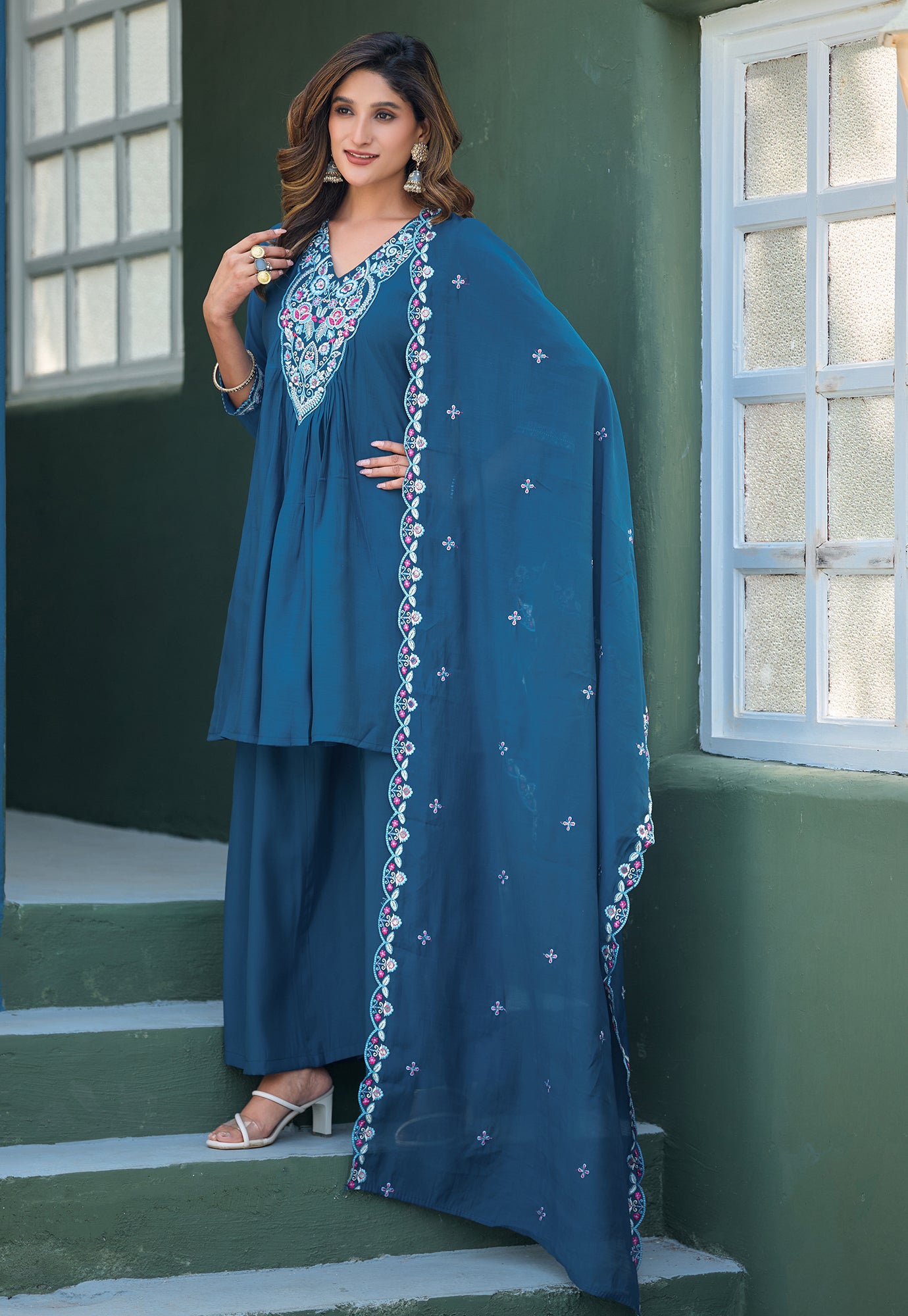 Women Ethnic Motifs Embroidered Tiered Thread Work Chanderi Silk Kurta with Palazzos & With Dupatta-KS-192