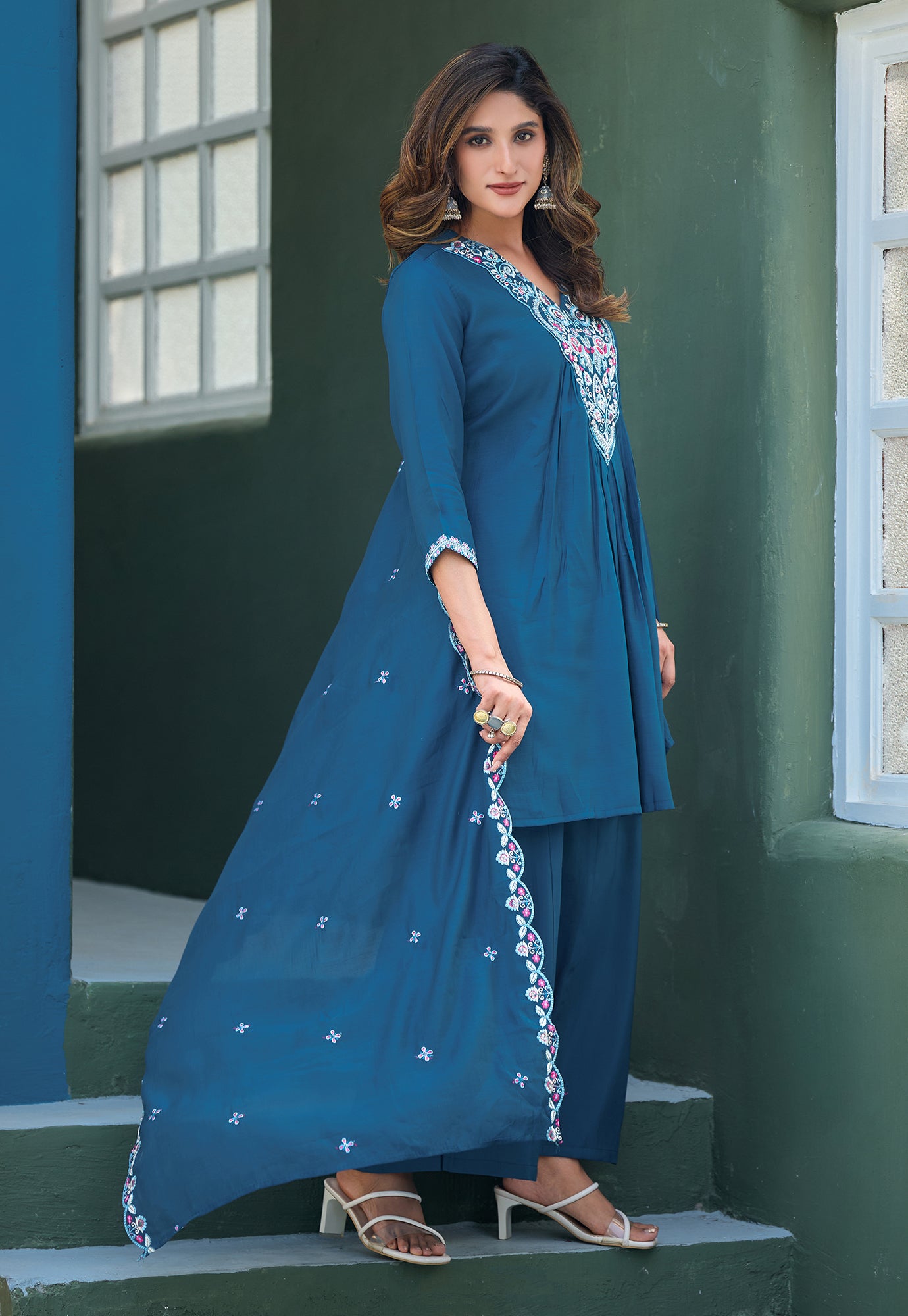Women Ethnic Motifs Embroidered Tiered Thread Work Chanderi Silk Kurta with Palazzos & With Dupatta-KS-192
