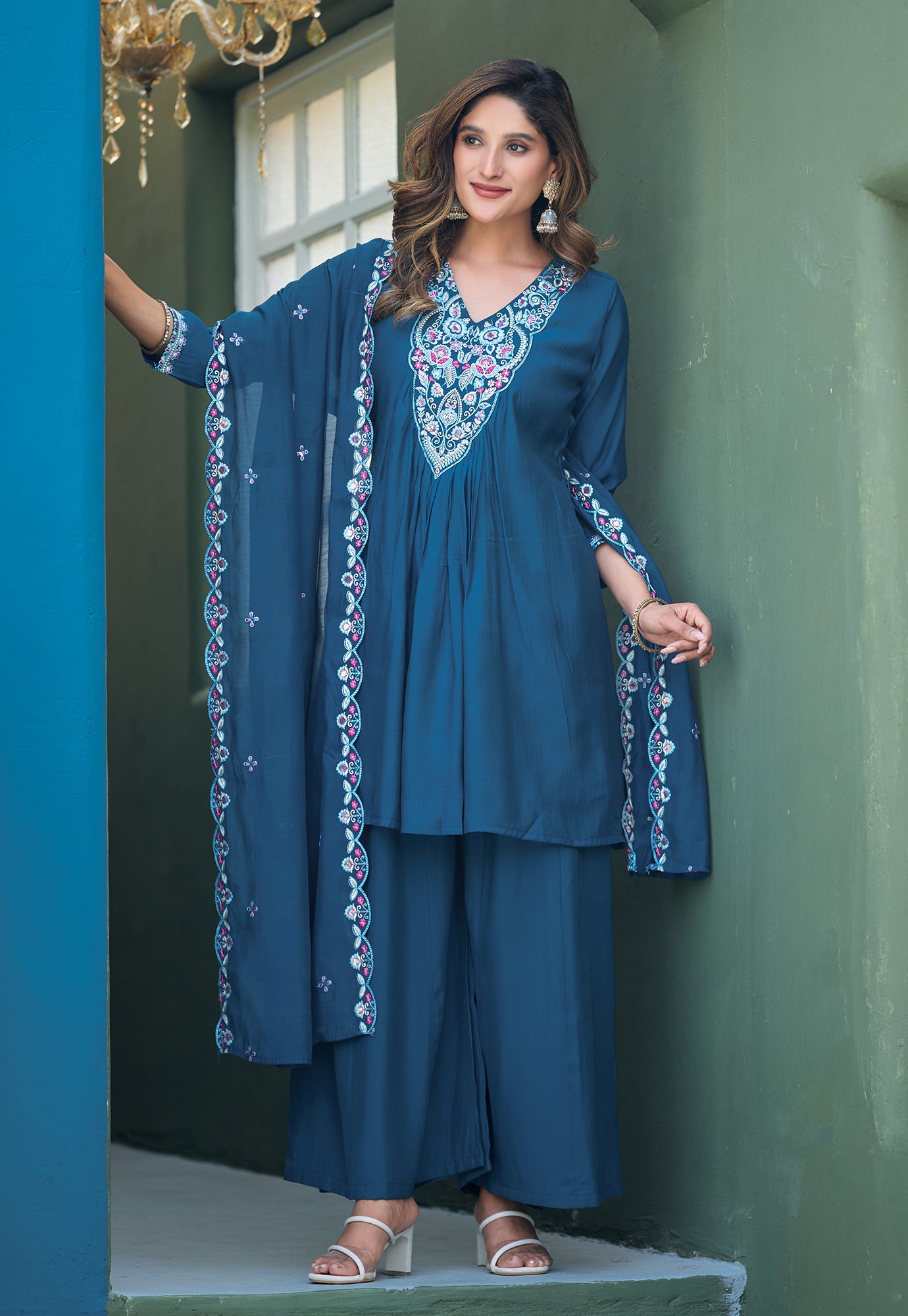 Women Ethnic Motifs Embroidered Tiered Thread Work Chanderi Silk Kurta with Palazzos & With Dupatta-KS-192