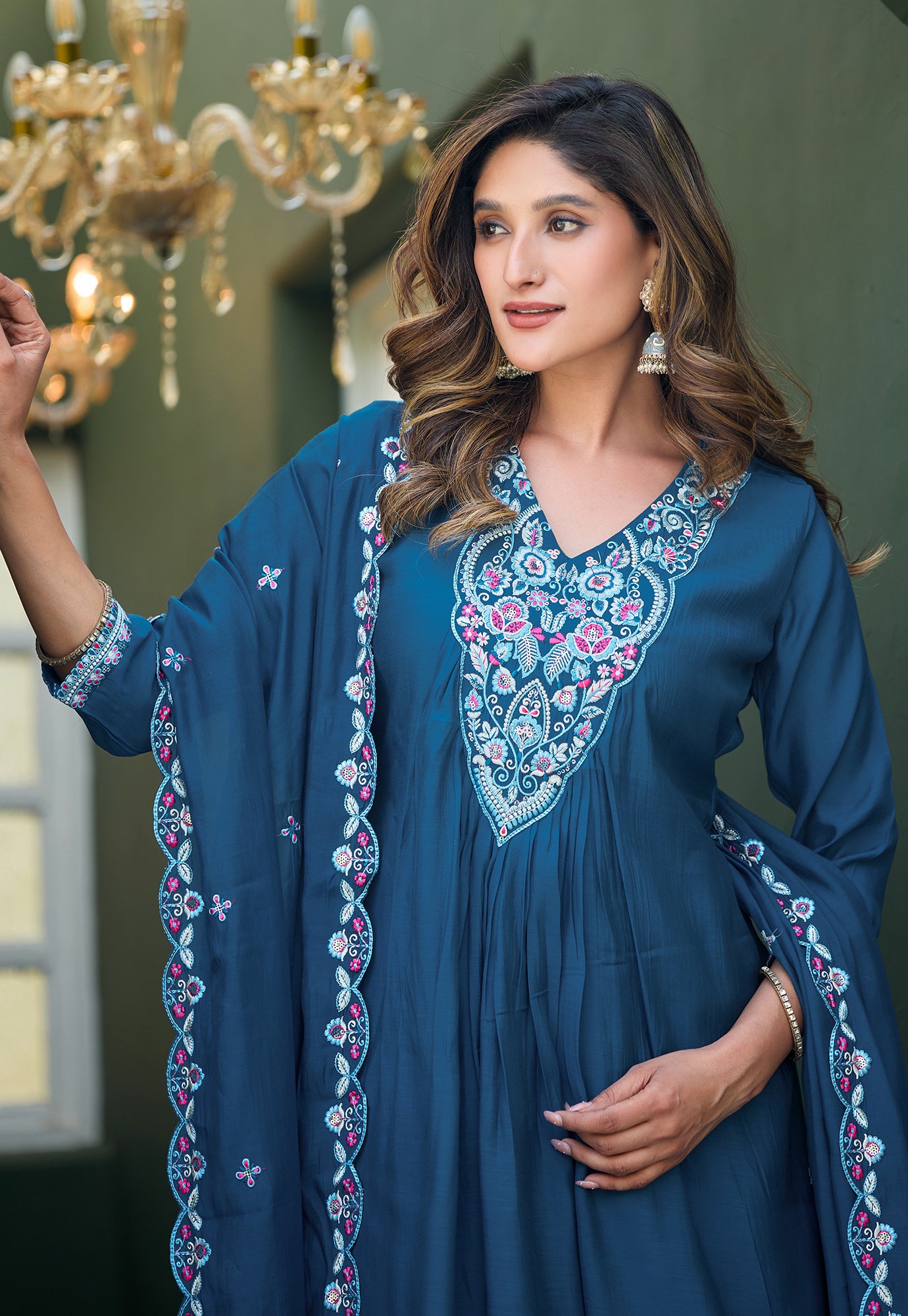 Women Ethnic Motifs Embroidered Tiered Thread Work Chanderi Silk Kurta with Palazzos & With Dupatta-KS-192