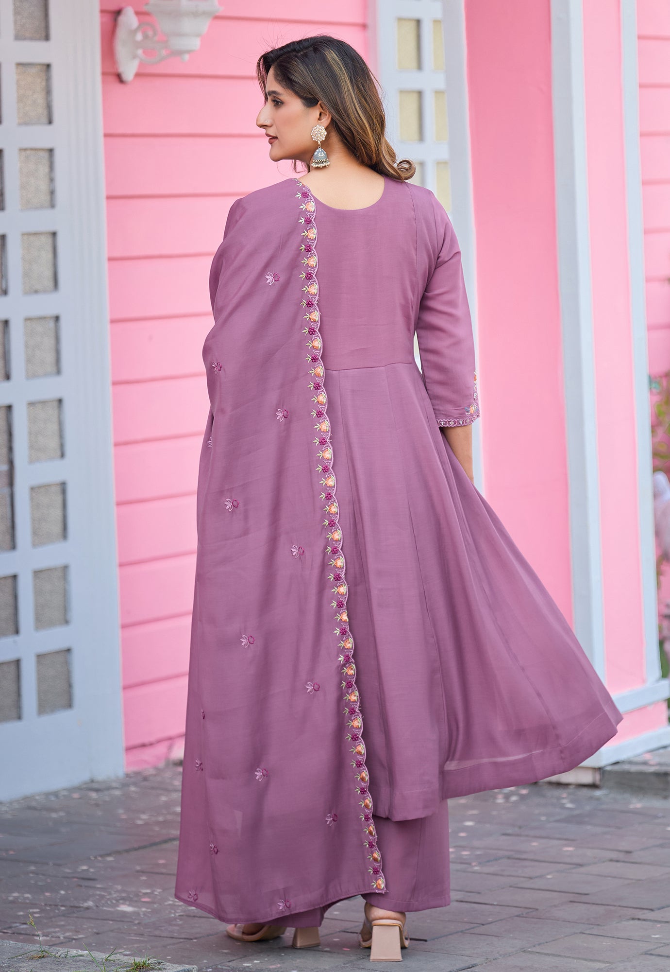 Floral Embroidered Thread Work Chanderi Silk Kurta with Palazzos & With Dupatta-KS-193