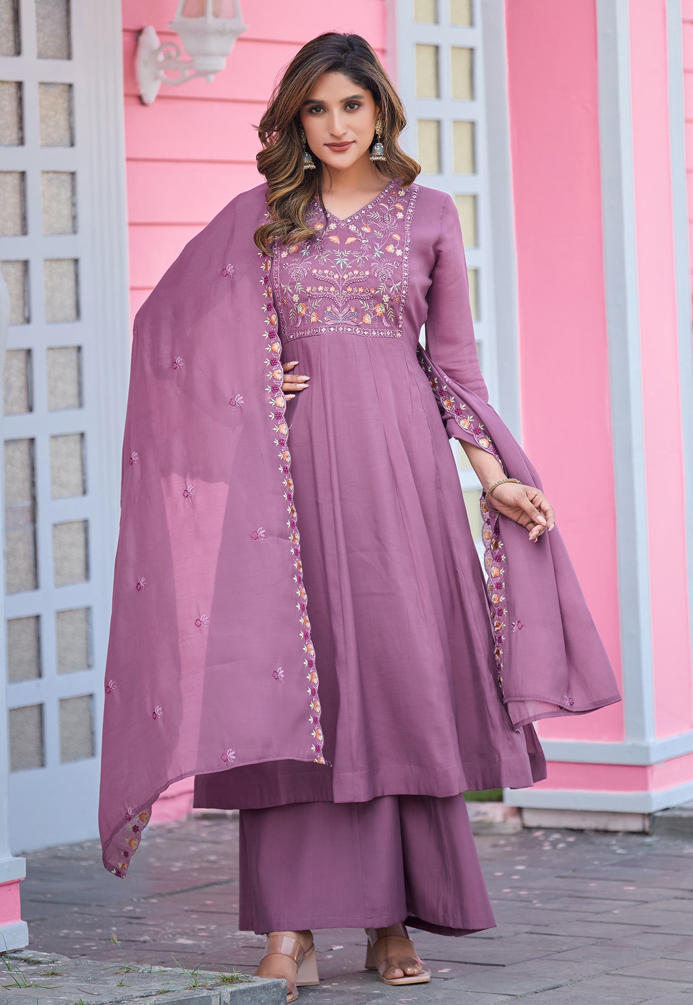 Floral Embroidered Thread Work Chanderi Silk Kurta with Palazzos & With Dupatta-KS-193