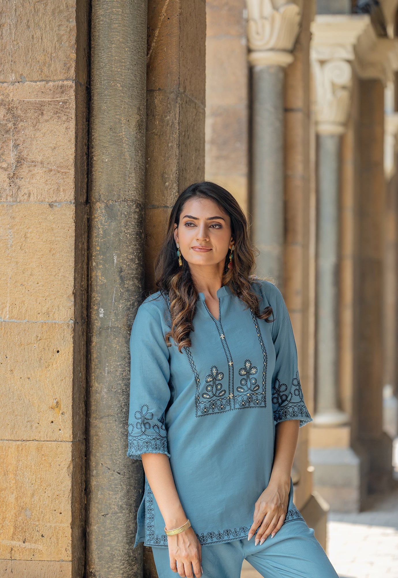 Printed Shirt Collar Top With Trousers Co-Ords-KORRA