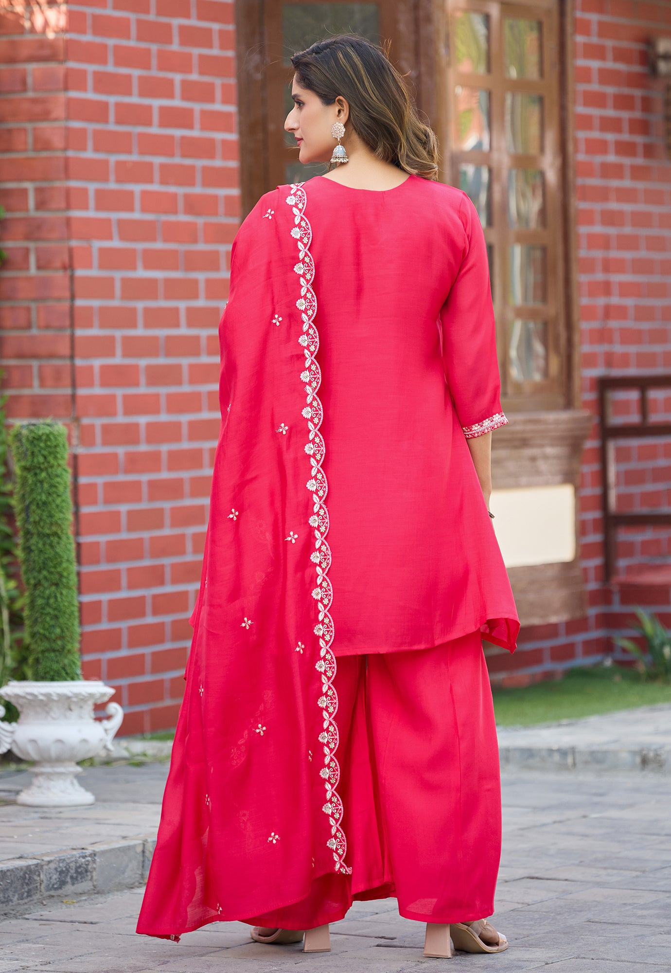 Women Ethnic Motifs Embroidered Tiered Thread Work Chanderi Silk Kurta with Palazzos & With Dupatta-KS-191