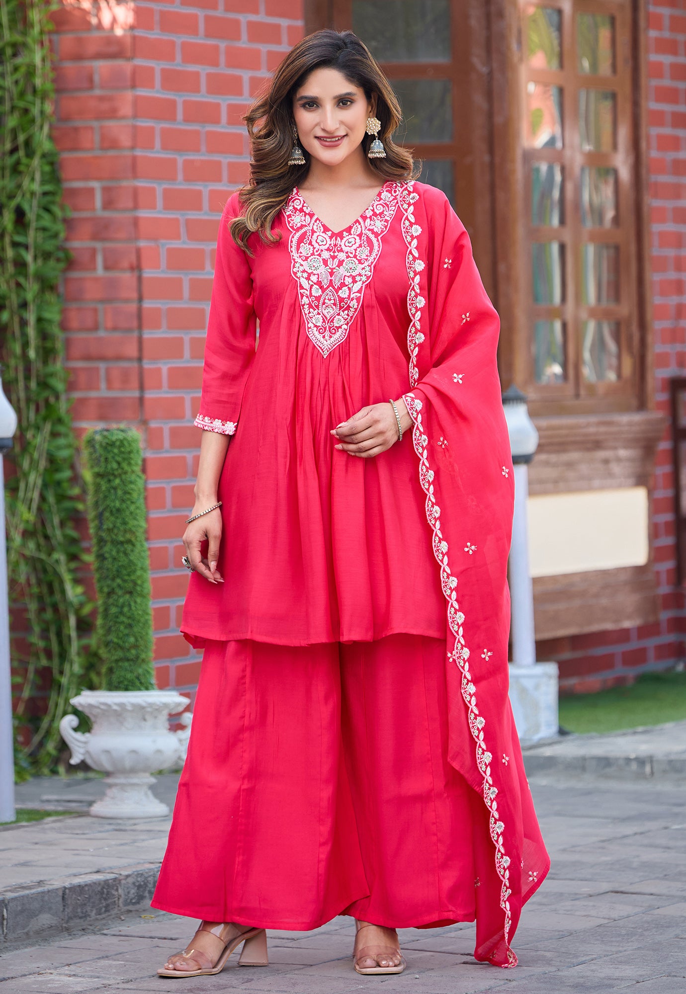 Women Ethnic Motifs Embroidered Tiered Thread Work Chanderi Silk Kurta with Palazzos & With Dupatta-KS-191