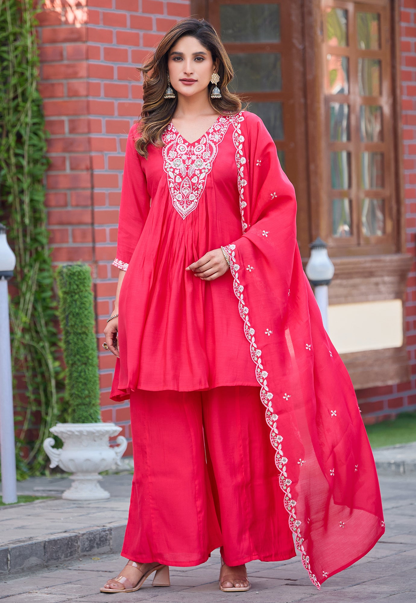 Women Ethnic Motifs Embroidered Tiered Thread Work Chanderi Silk Kurta with Palazzos & With Dupatta-KS-191