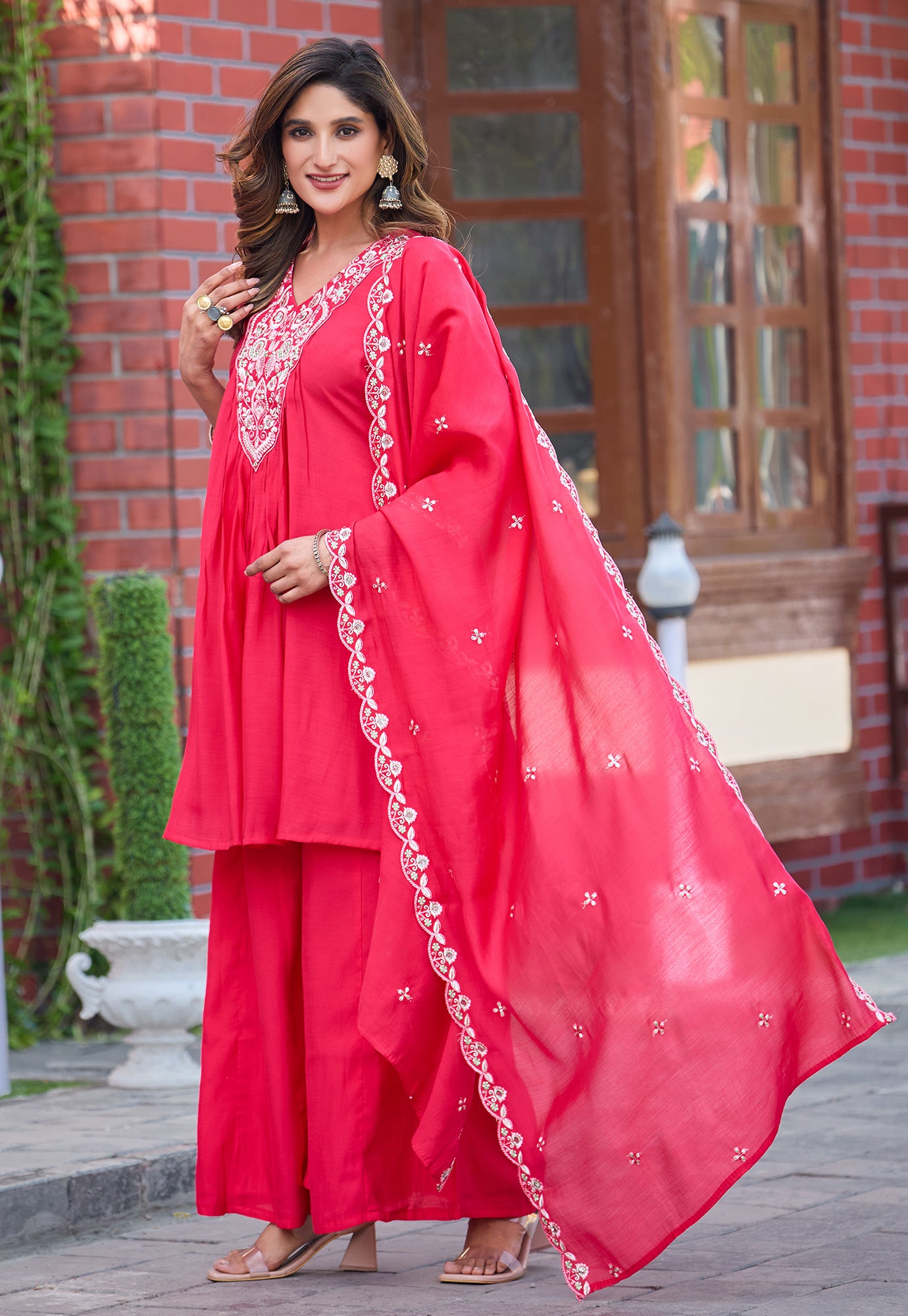 Women Ethnic Motifs Embroidered Tiered Thread Work Chanderi Silk Kurta with Palazzos & With Dupatta-KS-191