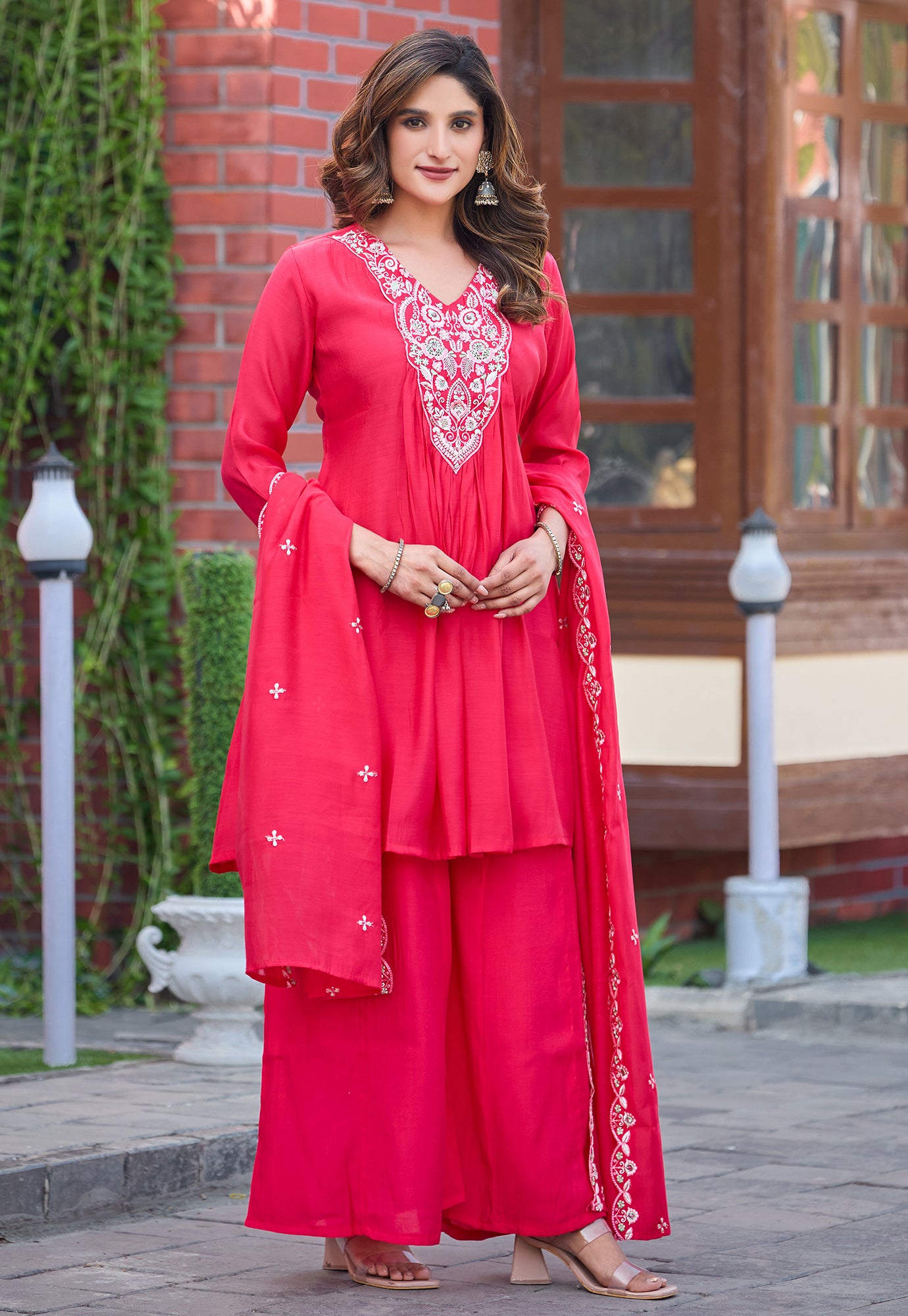 Women Ethnic Motifs Embroidered Tiered Thread Work Chanderi Silk Kurta with Palazzos & With Dupatta-KS-191