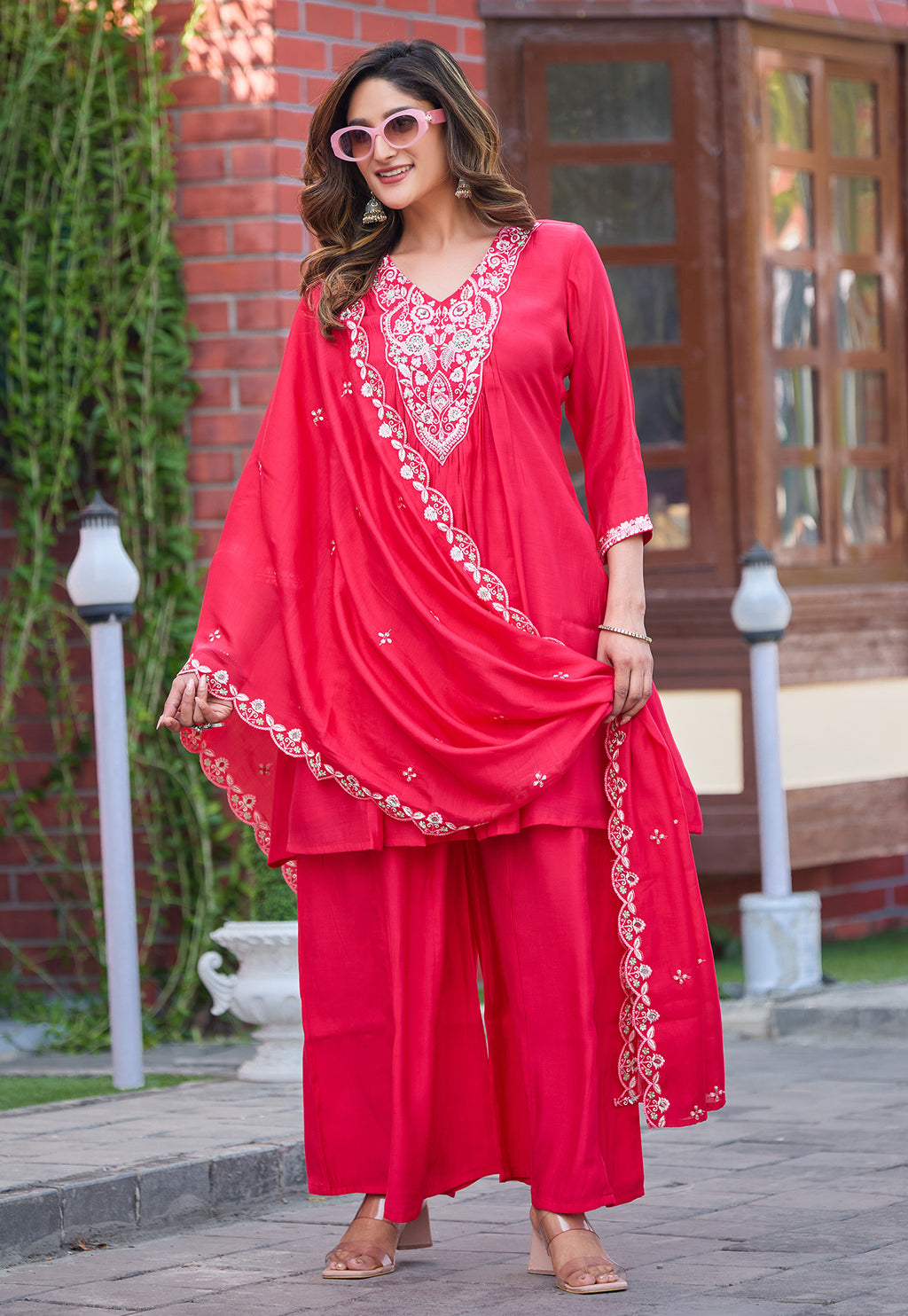 Women Ethnic Motifs Embroidered Tiered Thread Work Chanderi Silk Kurta with Palazzos & With Dupatta-KS-191