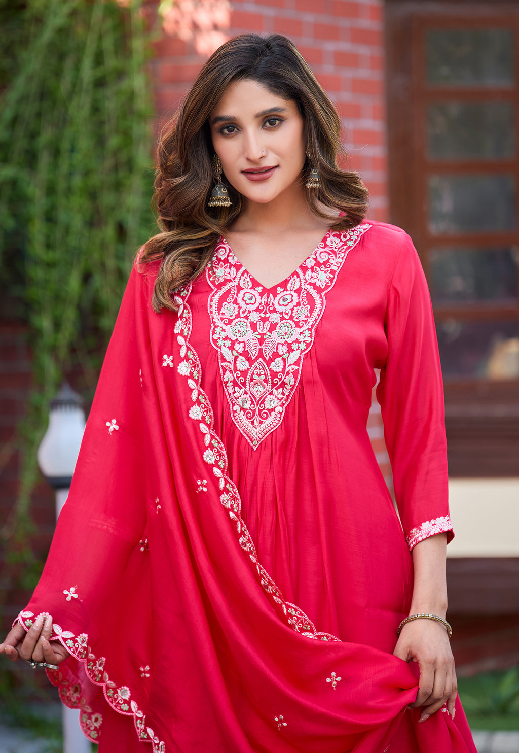 Women Ethnic Motifs Embroidered Tiered Thread Work Chanderi Silk Kurta with Palazzos & With Dupatta-KS-191