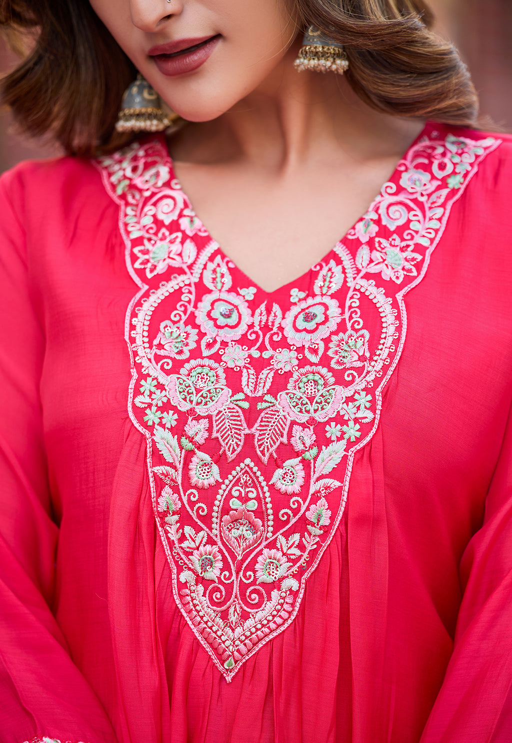 Women Ethnic Motifs Embroidered Tiered Thread Work Chanderi Silk Kurta with Palazzos & With Dupatta-KS-191
