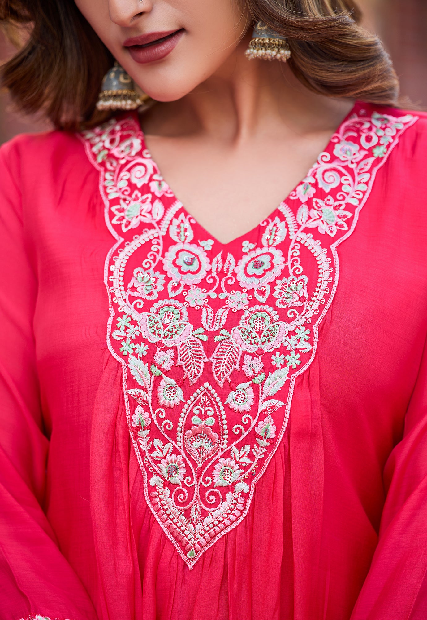 Women Ethnic Motifs Embroidered Tiered Thread Work Chanderi Silk Kurta with Palazzos & With Dupatta-KS-191