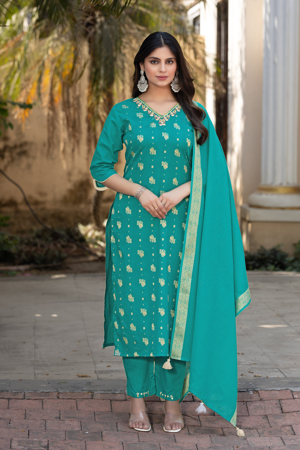 Women Cotton Jequrd Kurta With Trouser & Dupatta-HANSHIKA