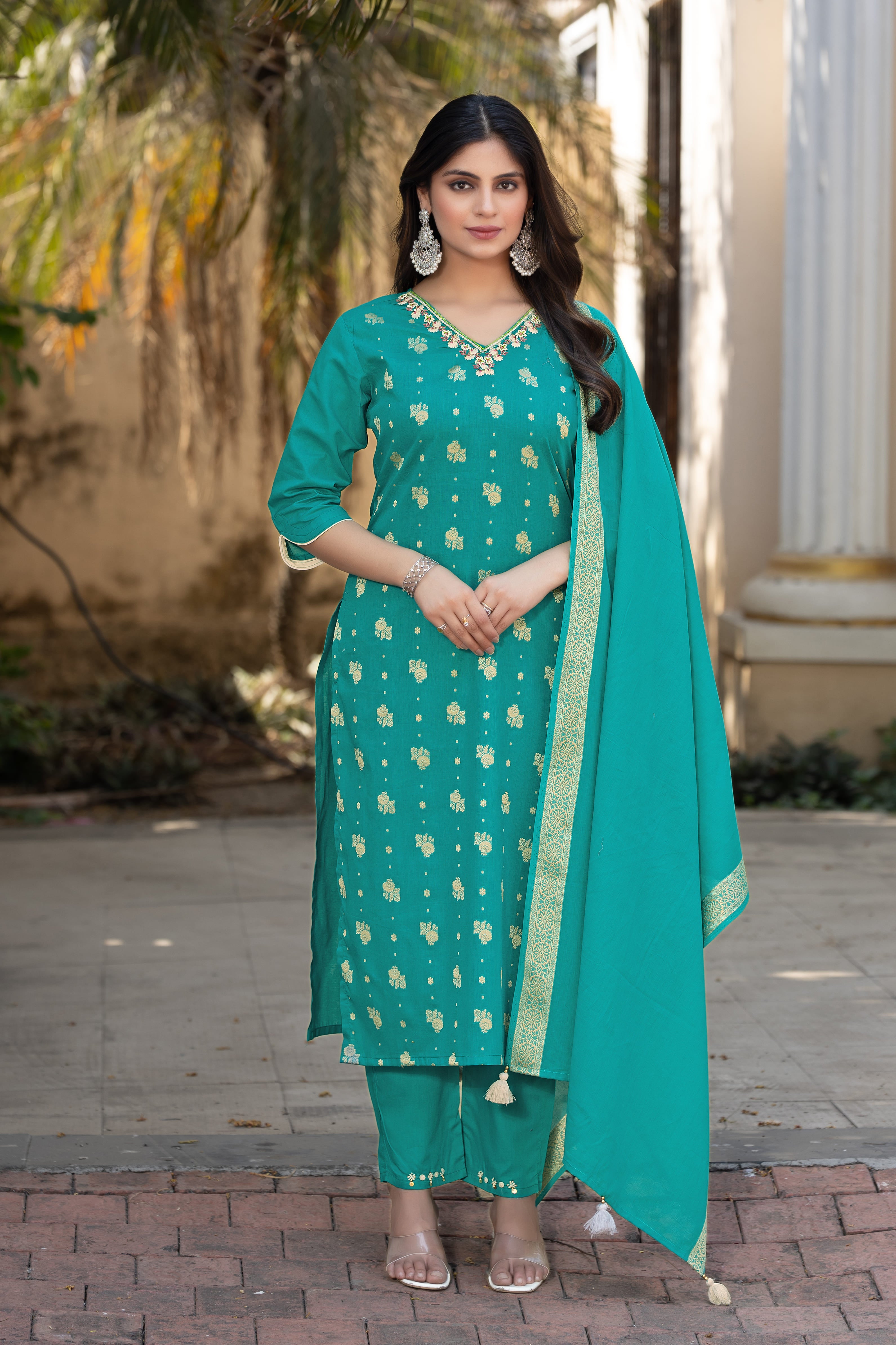 Women Cotton Jequrd Kurta With Trouser & Dupatta-HANSHIKA