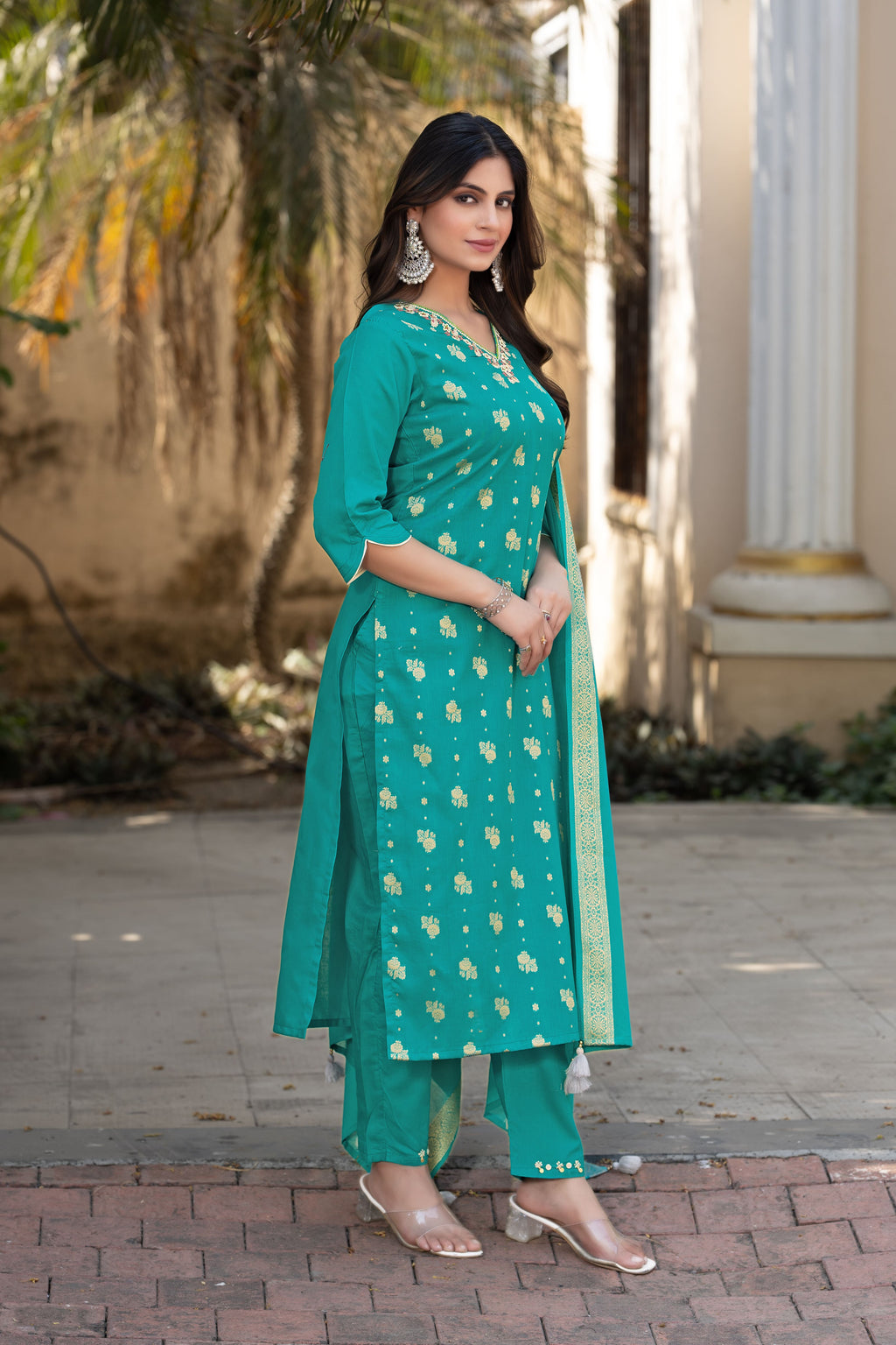 Women Cotton Jequrd Kurta With Trouser & Dupatta-HANSHIKA