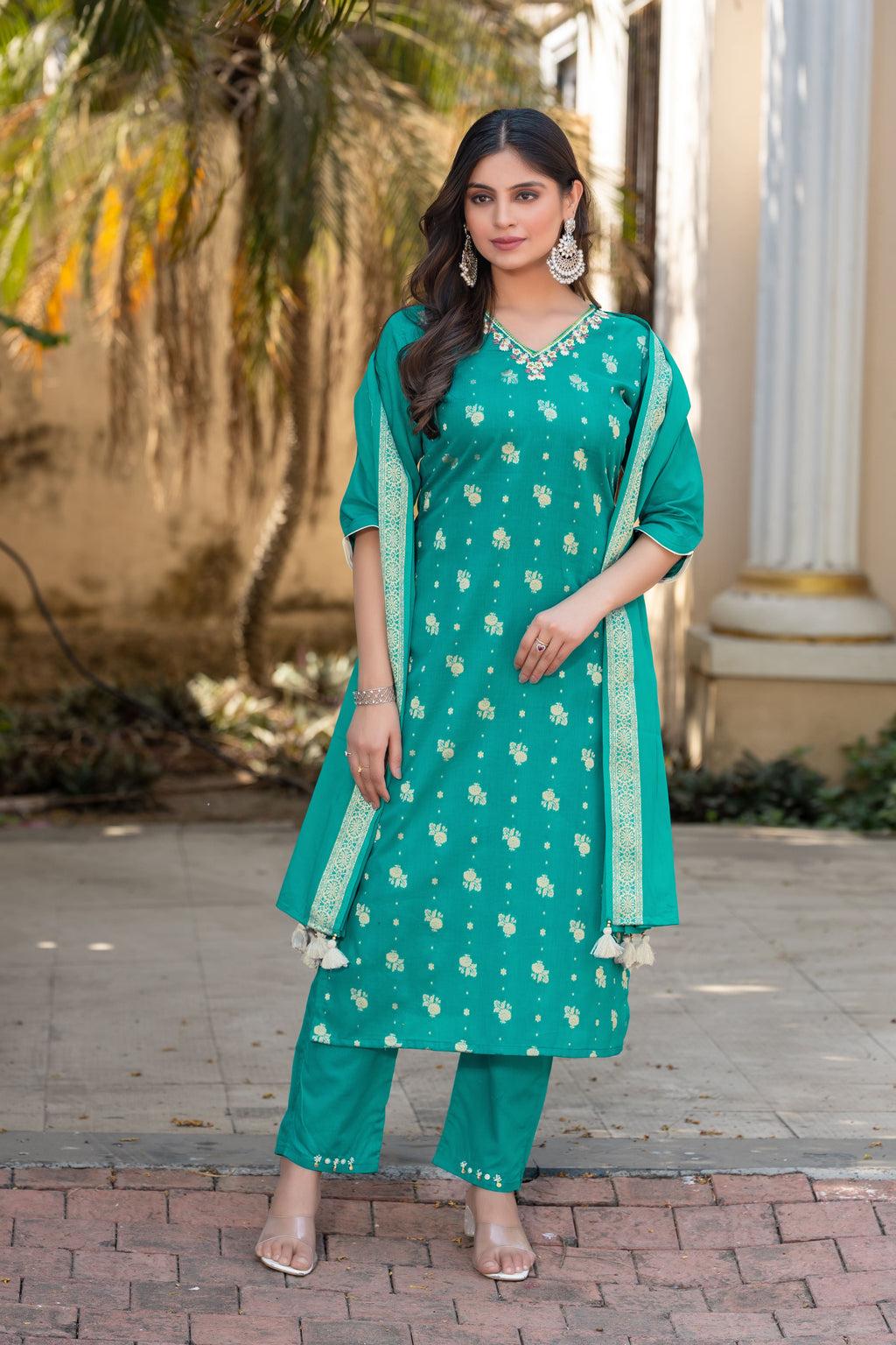 Women Cotton Jequrd Kurta With Trouser & Dupatta-HANSHIKA