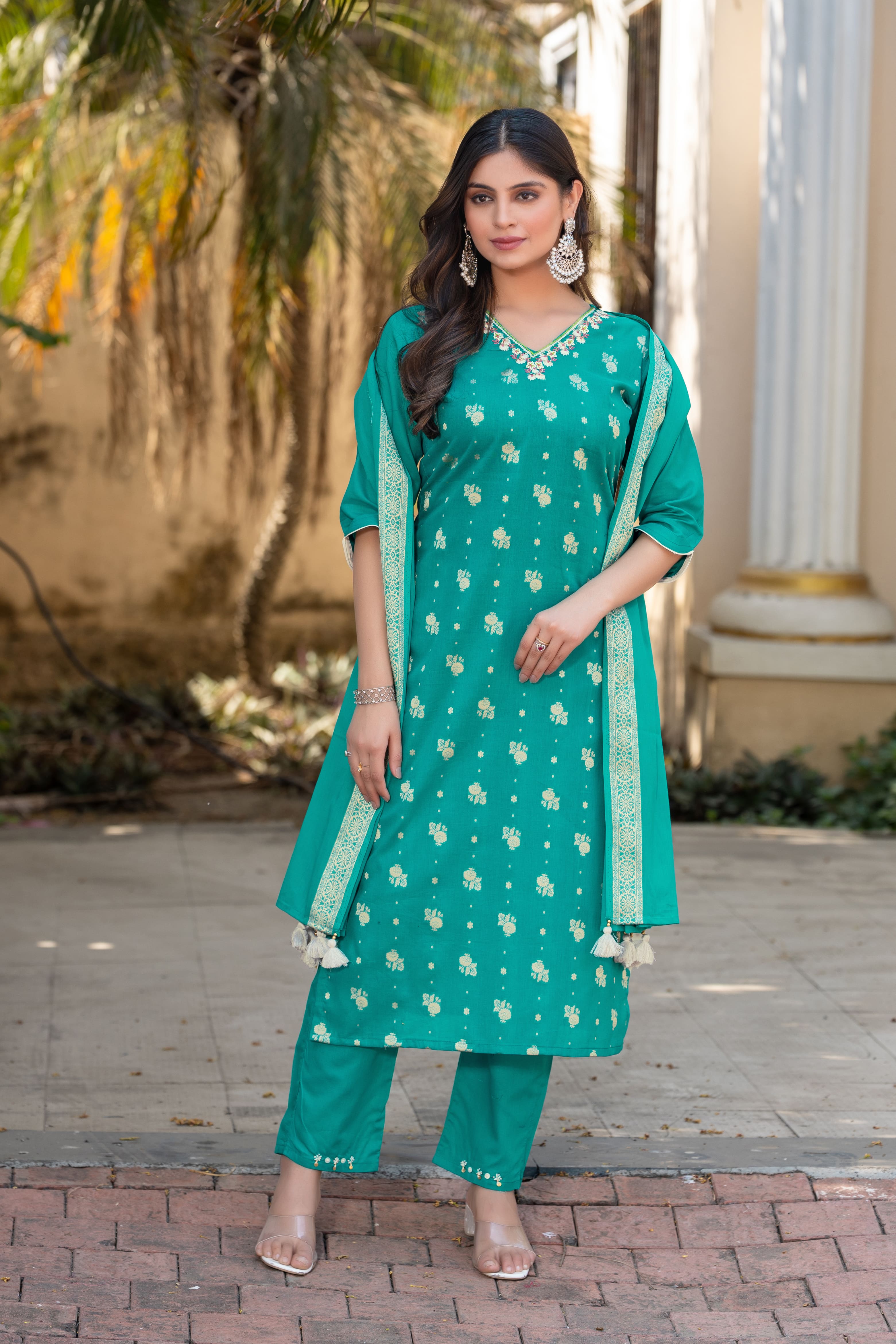 Women Cotton Jequrd Kurta With Trouser & Dupatta-HANSHIKA
