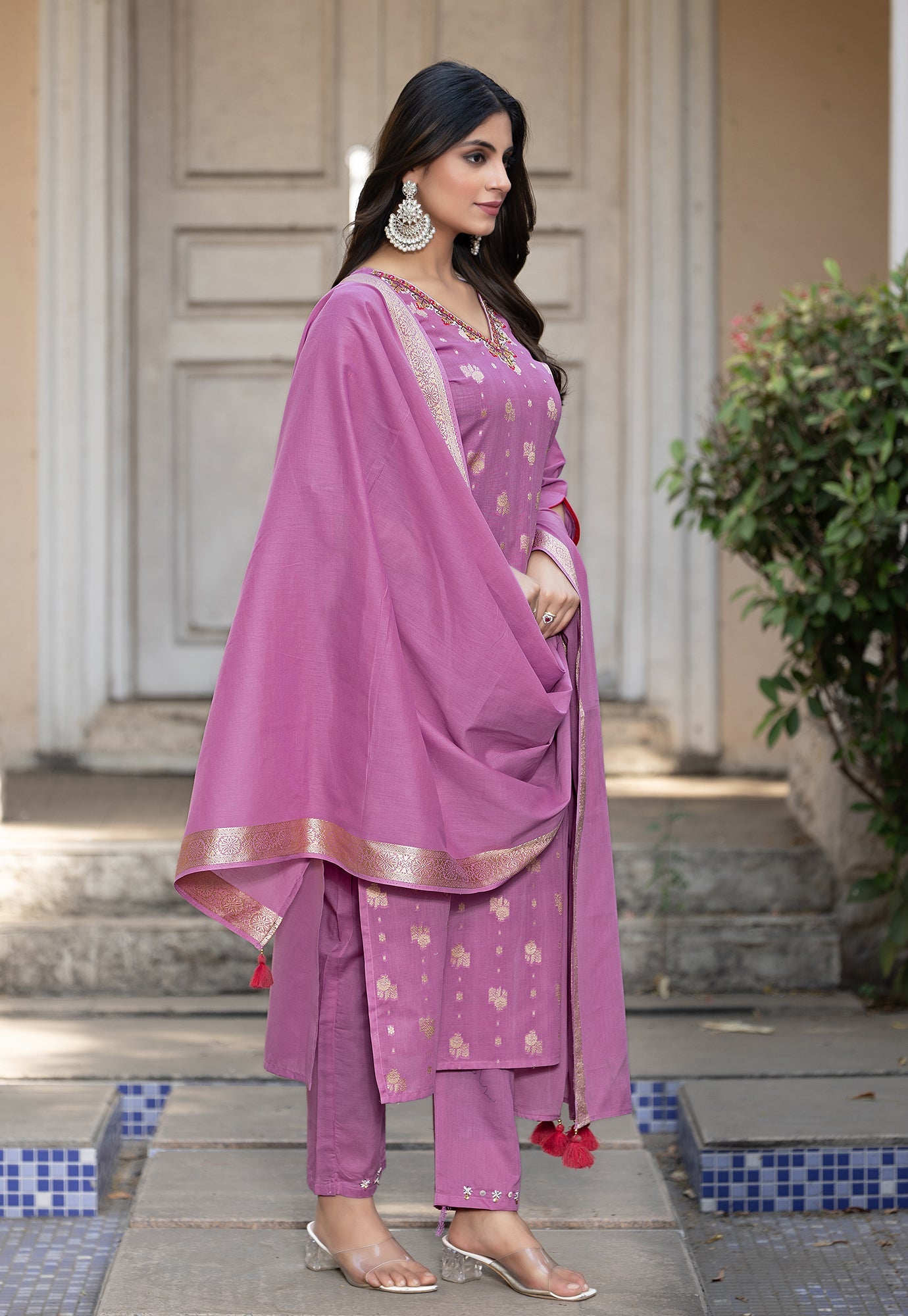 Women Cotton Jequrd Kurta With Trouser & Dupatta-HANSHIKA