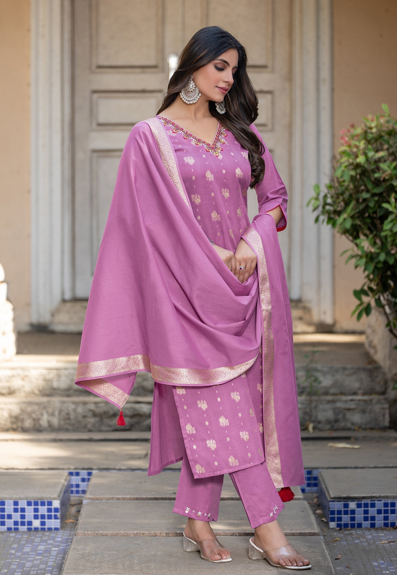Women Cotton Jequrd Kurta With Trouser & Dupatta-HANSHIKA