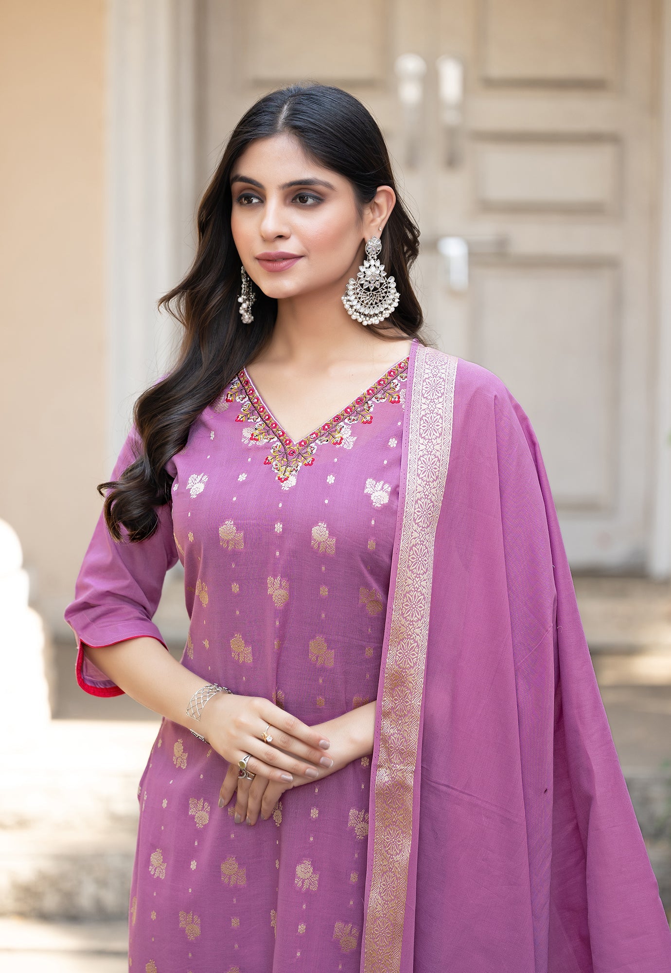 Women Cotton Jequrd Kurta With Trouser & Dupatta-HANSHIKA